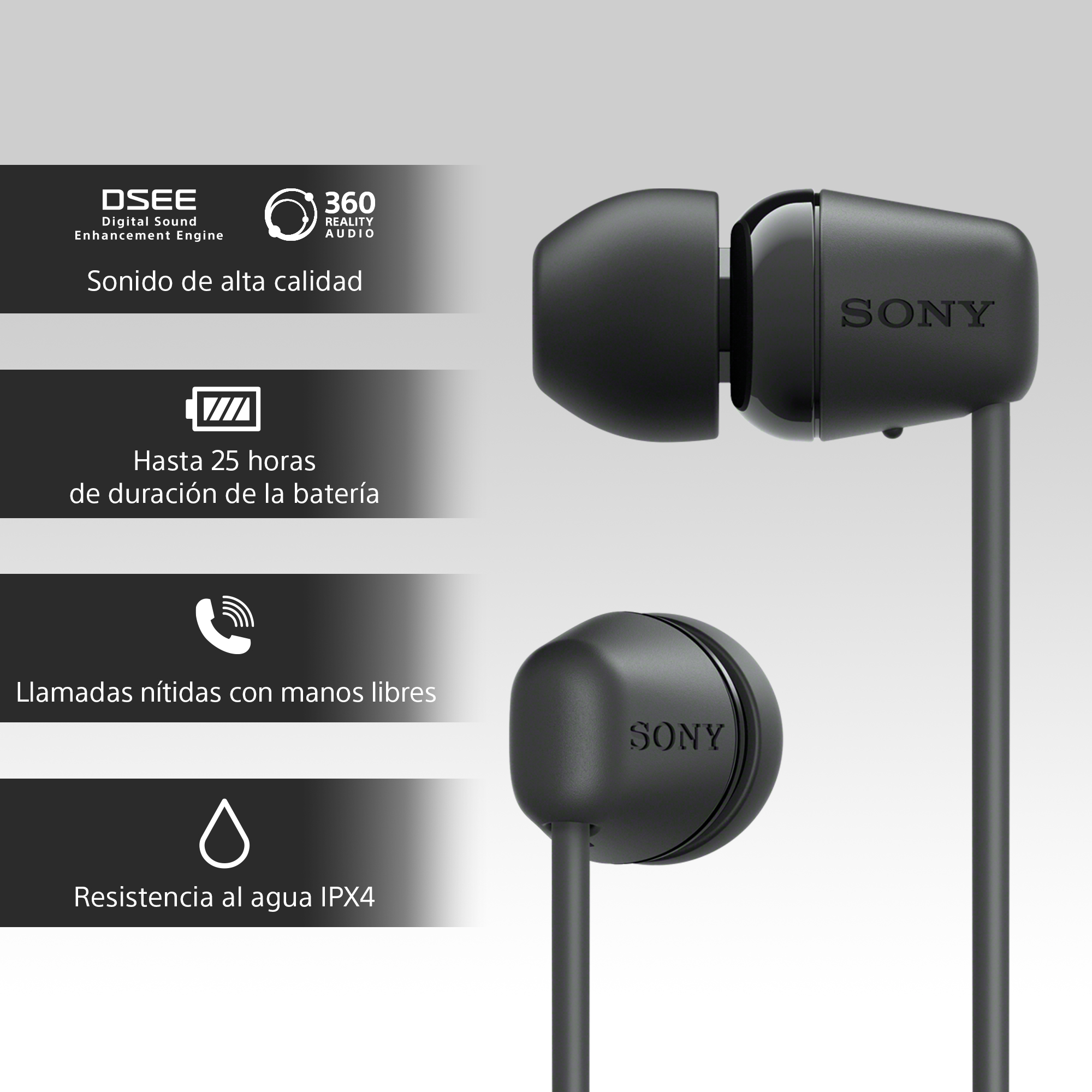 Auriculares Sony negros con etiquetas de texto e iconos, destacando características como calidad de sonido.