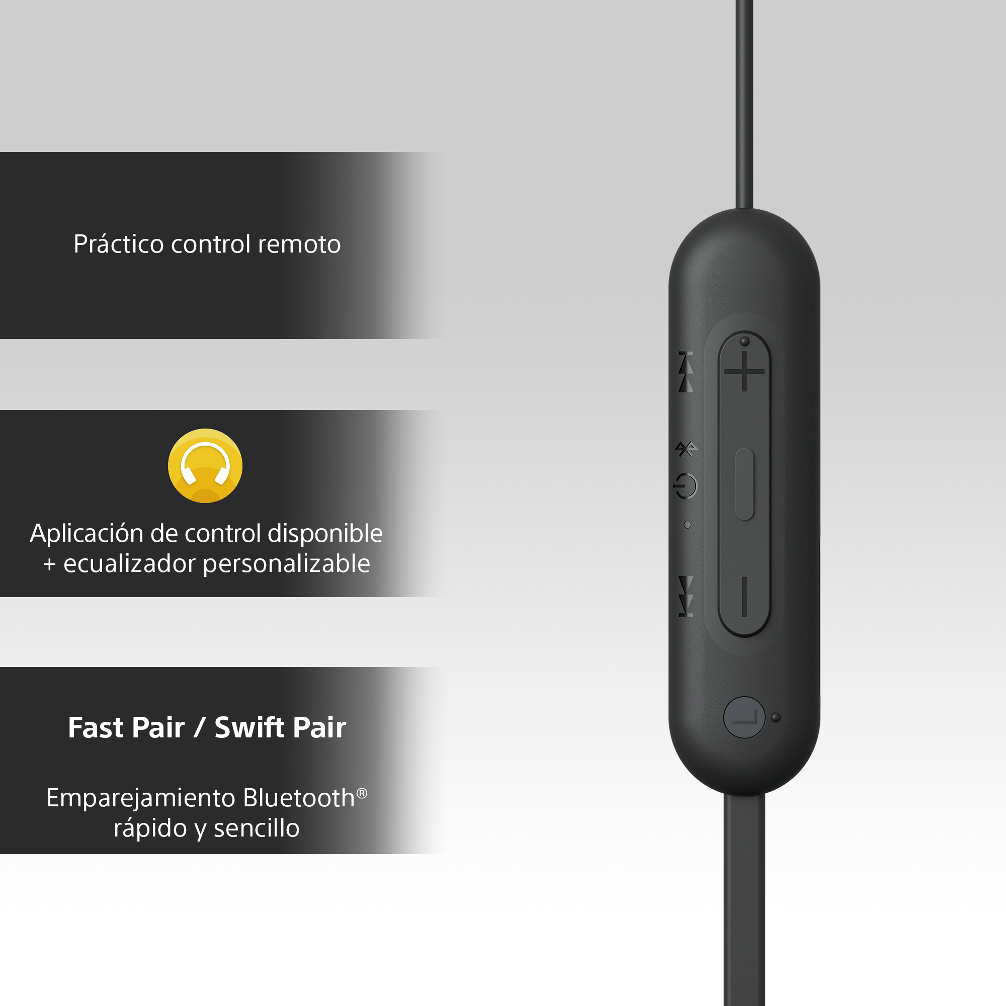 Módulo de control negro en cable negro, con botones e iconos.