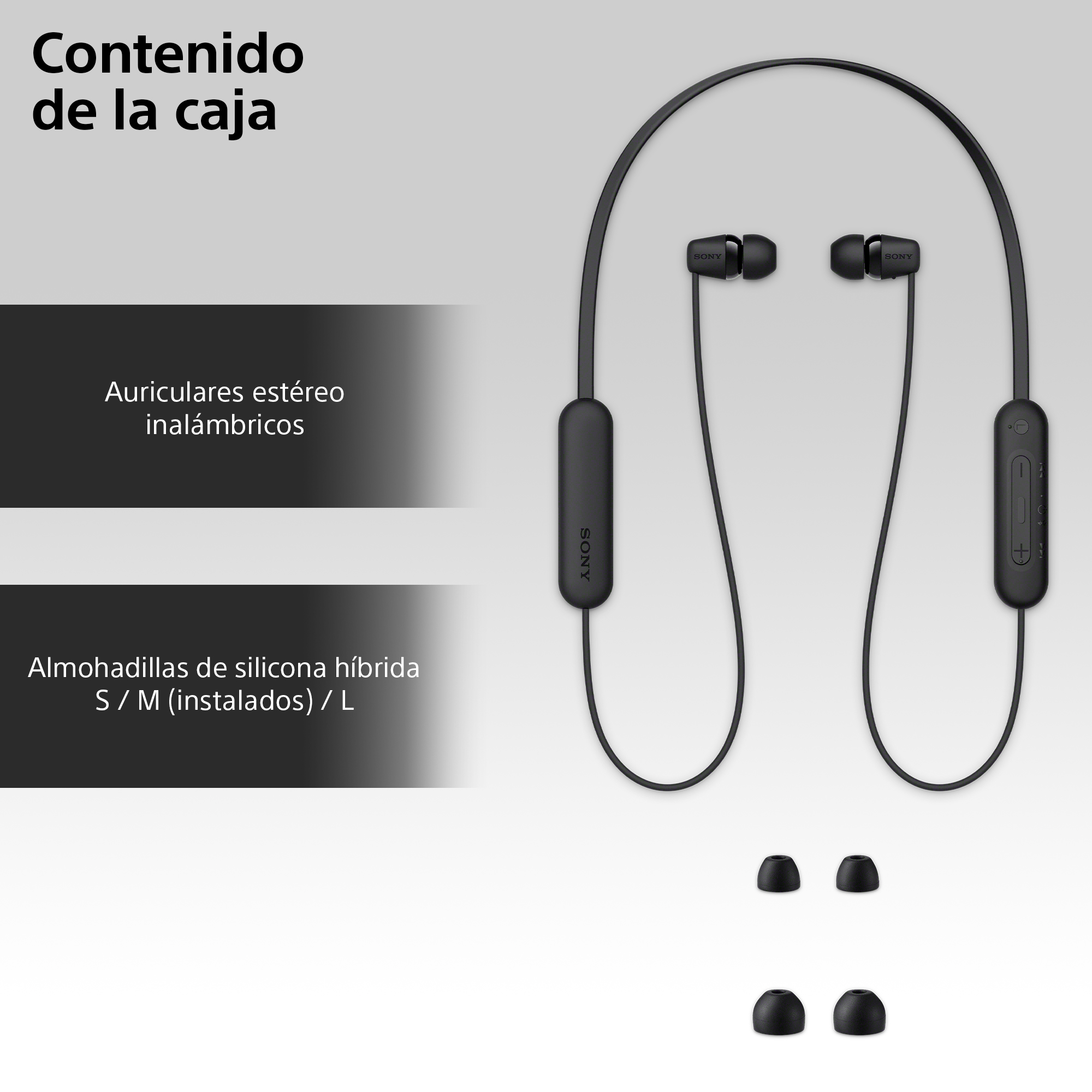 Auriculares y puntas para los oídos sobre un fondo blanco. Texto: Contenido de la caja y describe los artículos.