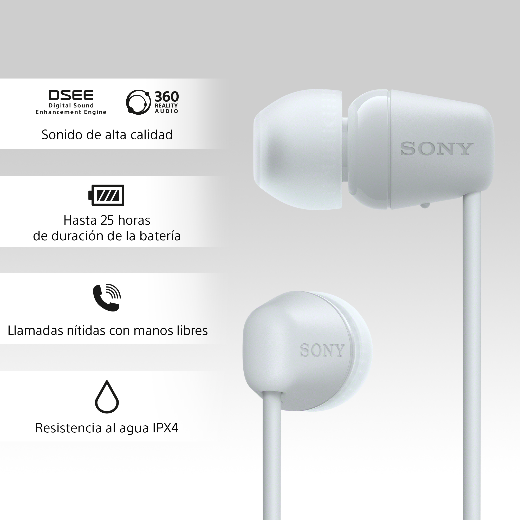 Auriculares Sony blancos con texto e iconos sobre calidad de sonido y duración de la batería.