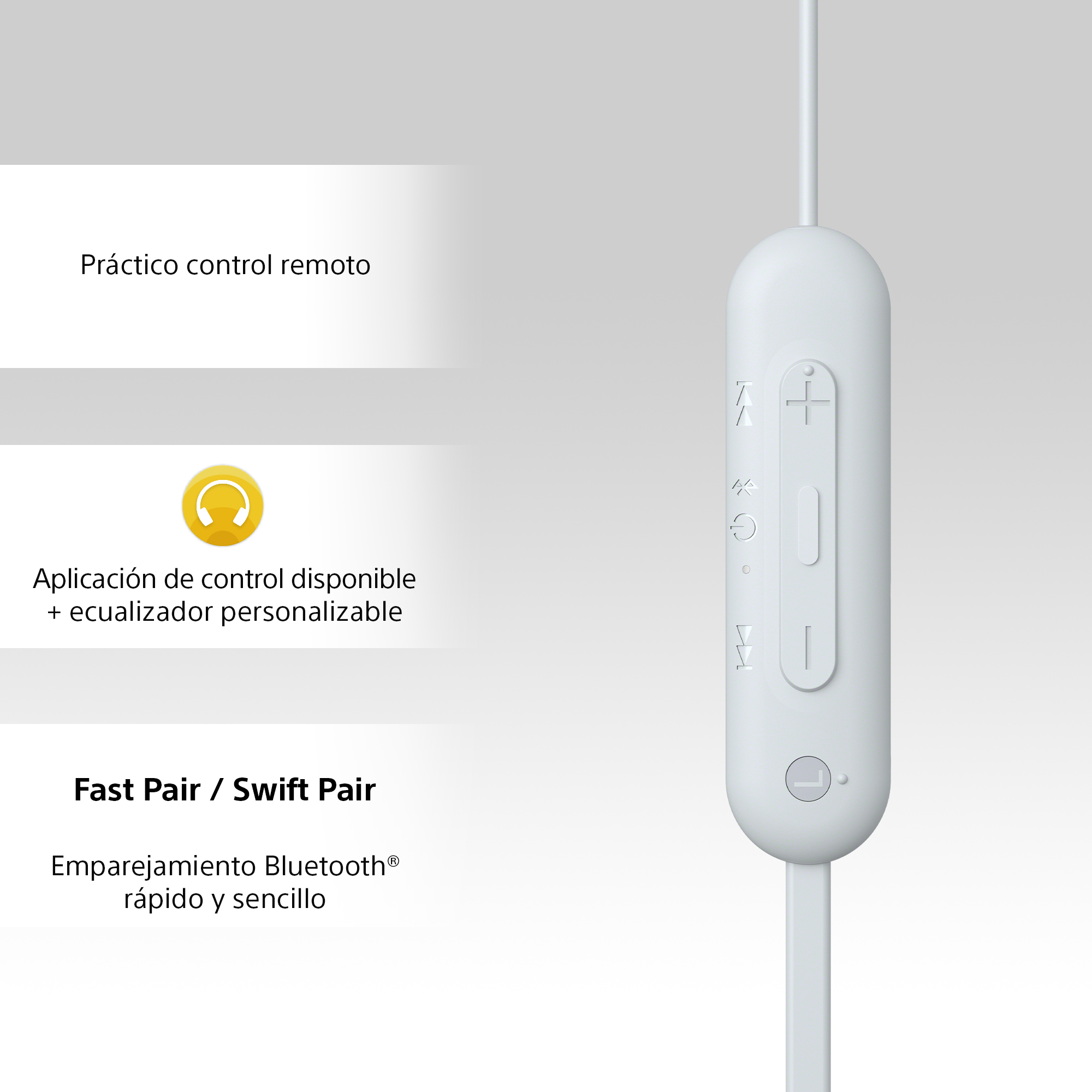 Un control remoto blanco para auriculares. Texto: Control remoto práctico. Fast Pair / Swift Pair. Fondo blanco.