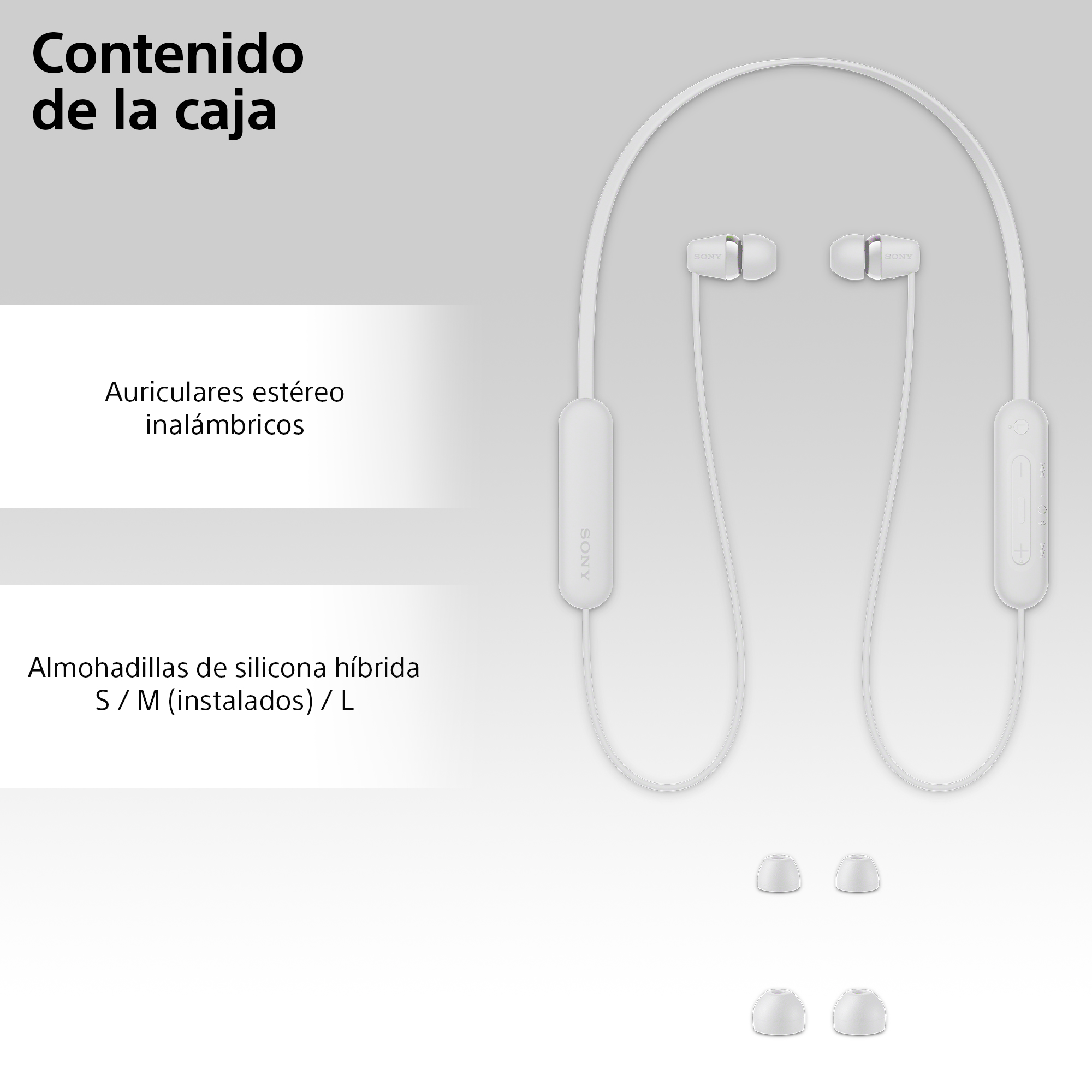 Auriculares Sony blancos con puntas adicionales, mostrados con etiquetas de texto describiendo los accesorios.