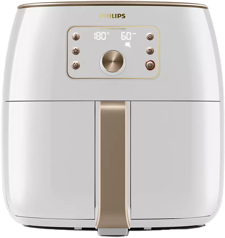 Fehér Philips légkeveréses fritőz digitális kijelzővel, arany részletekkel. Hőmérséklet és időzítő beállítás látható.