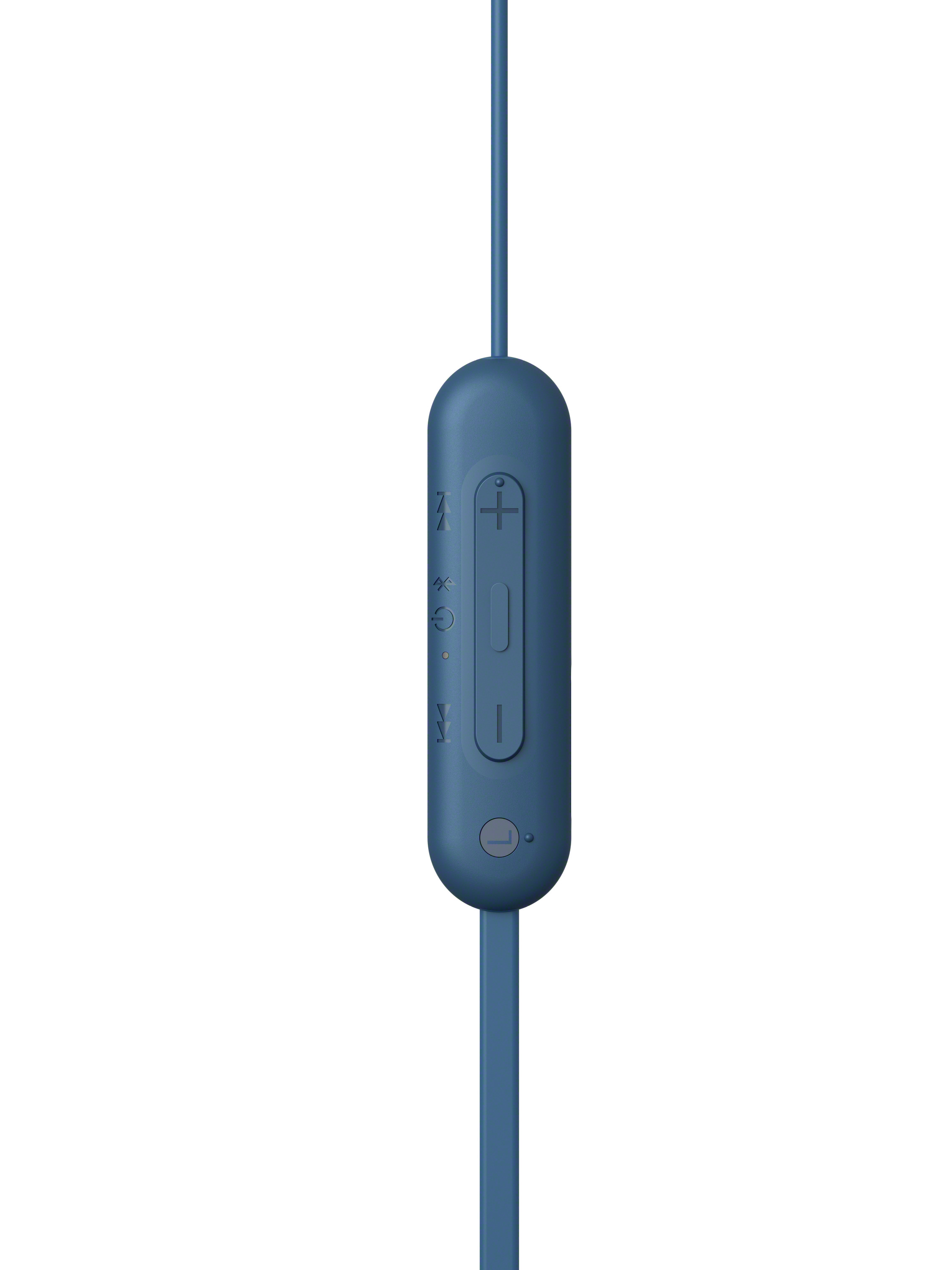 Blaues Steuermodul an einem blauen Kabel, mit Knöpfen und Symbolen.