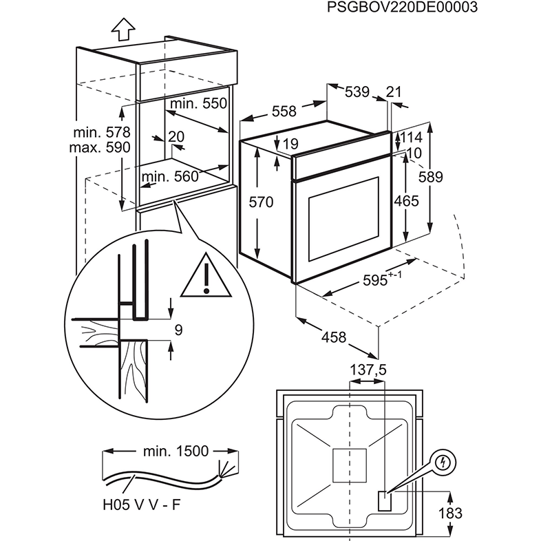 Beépített sütő diagramja, méretekkel, a szellőzés és a vezetékek részleteivel.