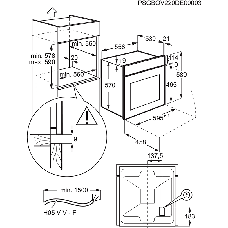Egy sütő diagramja méretekkel és elektromos vezetékek részleteivel.