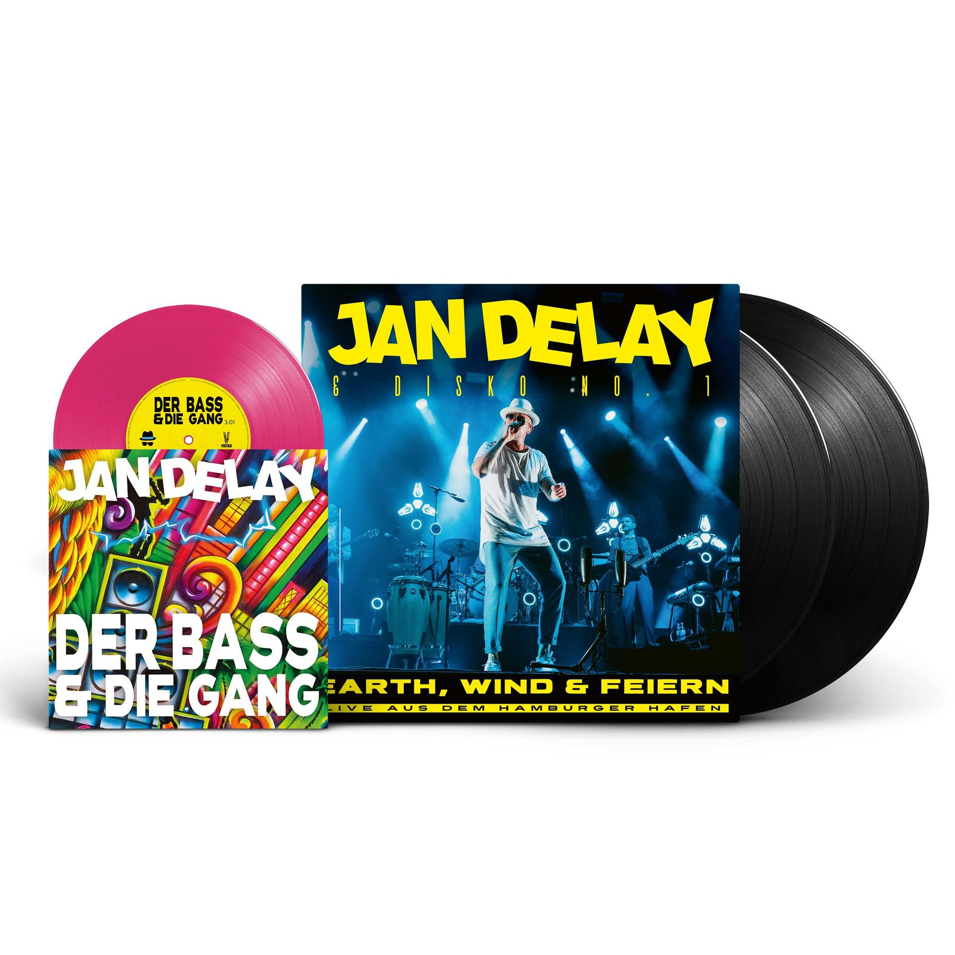 Jan Delay Albumcover, eine pinkfarbene Schallplatte und schwarze Schallplatten werden präsentiert.