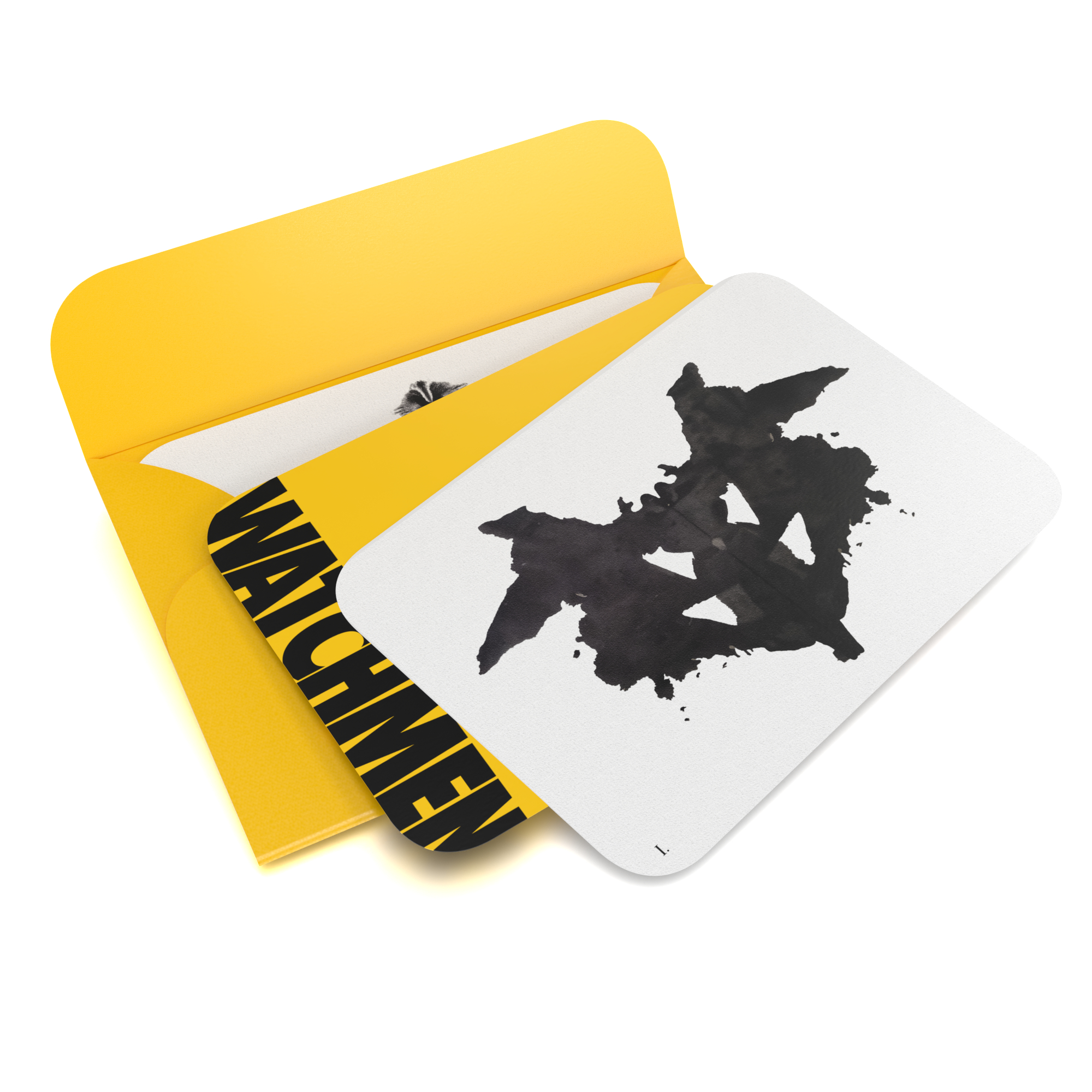 'Watchmen'-Karten in einem offenen gelben Umschlag auf weißem Hintergrund.