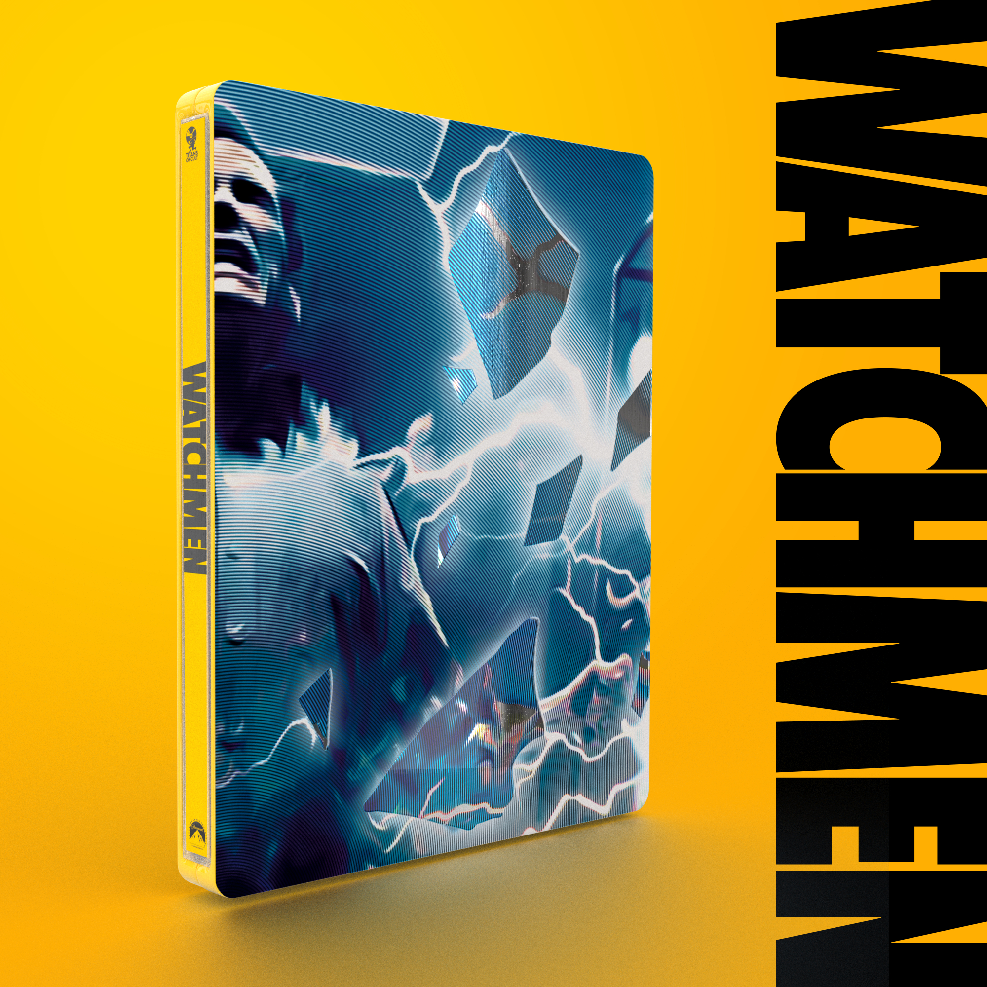 Eine DVD-Hülle für den Film Watchmen, vor gelbem Hintergrund. Die Hülle ist blau mit einem Design mit zerbrochenem Glaseffekt.
