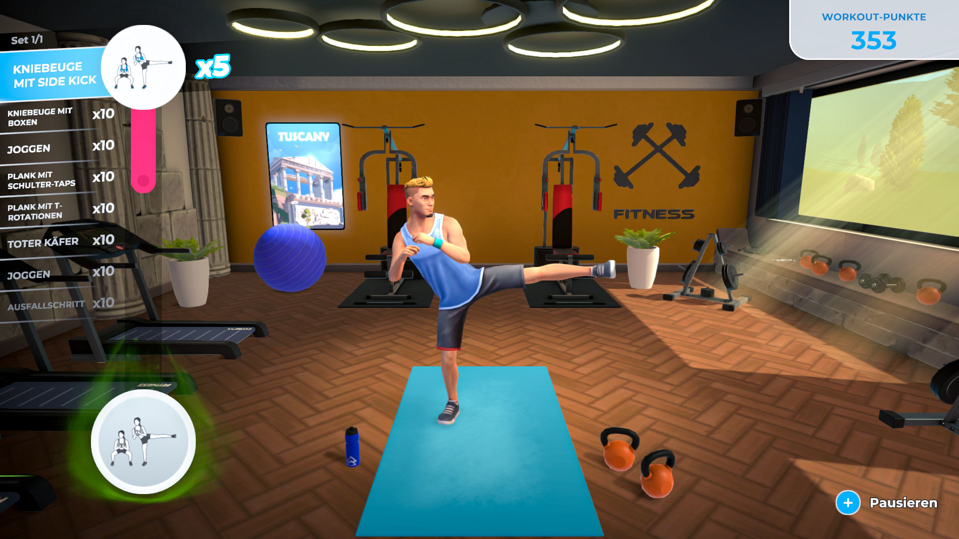 Mann, der in einer virtuellen Fitnessumgebung trainiert. Die Szene umfasst Trainingsgeräte und eine Trainingsanzeige.