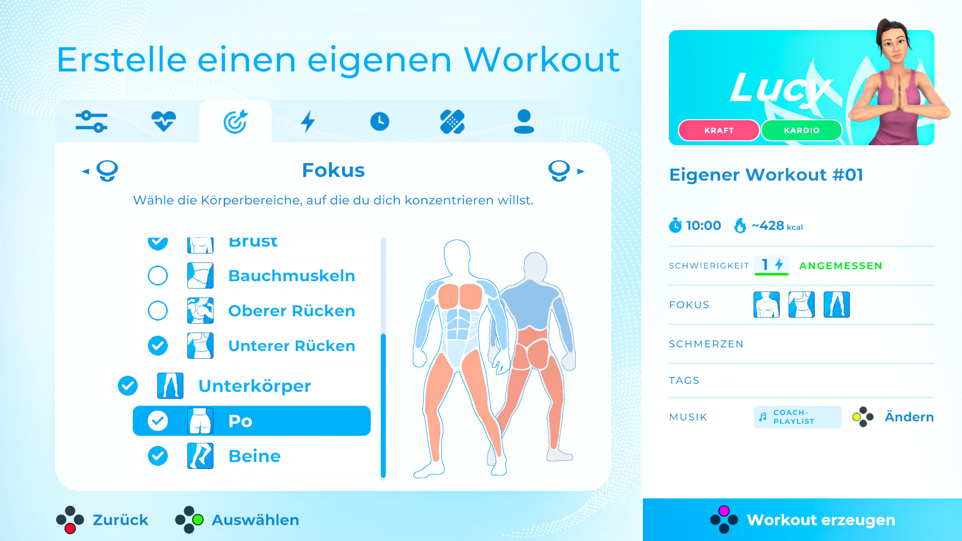Workout-Bildschirm. Fokus, Cardio, Stärke.