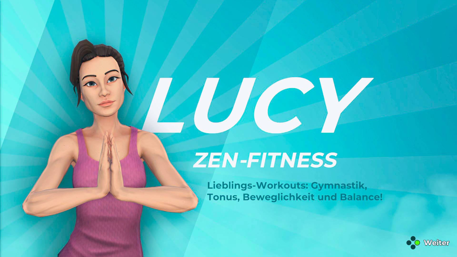 Lucy, 3D-Avatar, pinkes Oberteil, Hände zusammen, Text.