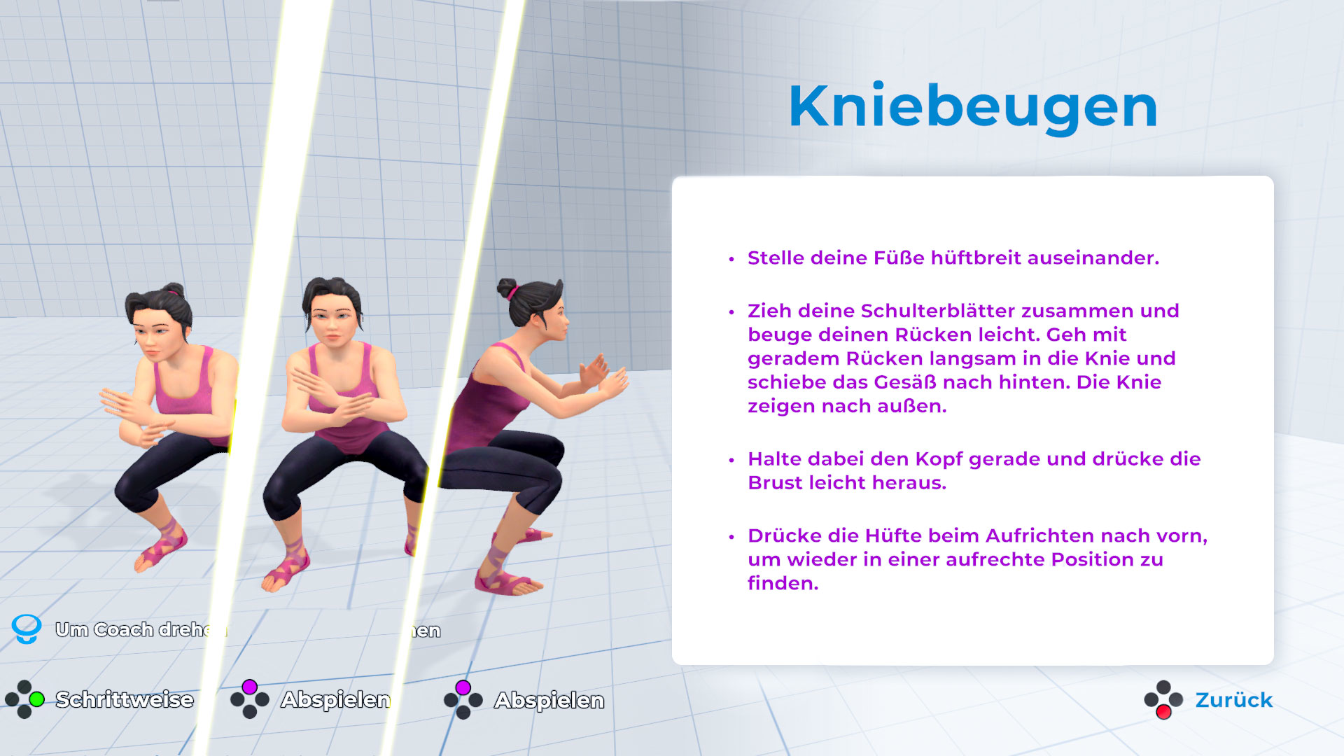 Drei Frauen demonstrieren eine Kniebeuge-Übung. Anweisungen auf weißem Hintergrund.