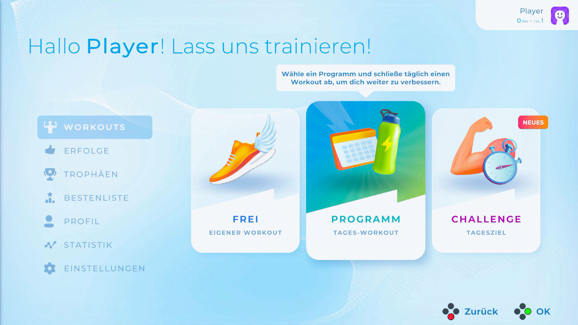 Ein Bildschirm zeigt eine Trainings-App-Oberfläche mit Optionen für Workouts, Erfolge und Herausforderungen.