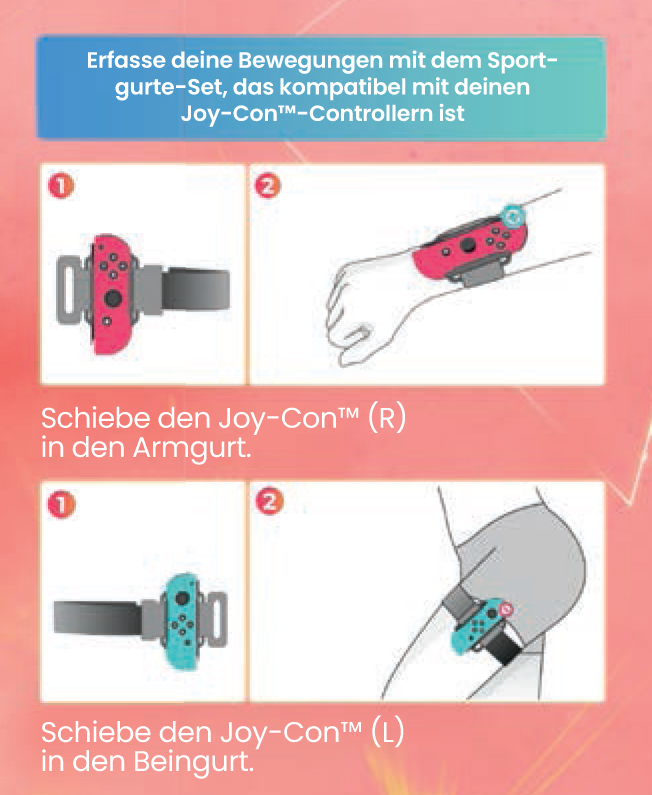 Anweisungen zur Verwendung eines Joy-Con mit Arm- und Beingurten. Pinkfarbene und türkisfarbene Joy-Cons.
