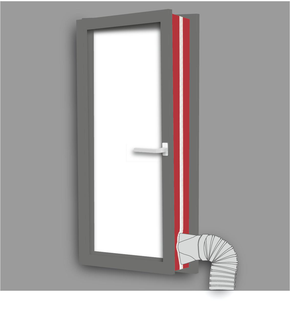 Fensterausschnitt mit roter Isolierung und einem Lüftungsrohr vor einer grauen Wand.
