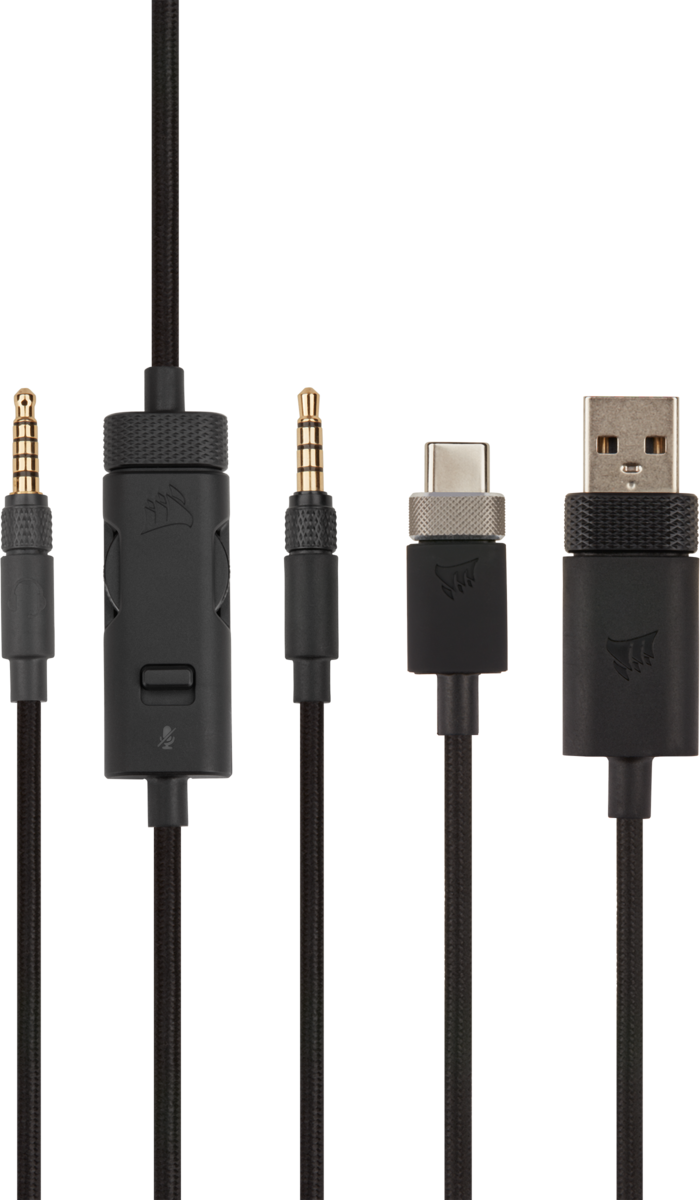 Schwarzes Audiokabel-Set: 3,5 mm, Steuerung, 3,5 mm, USB-C- und USB-A-Anschlüsse.