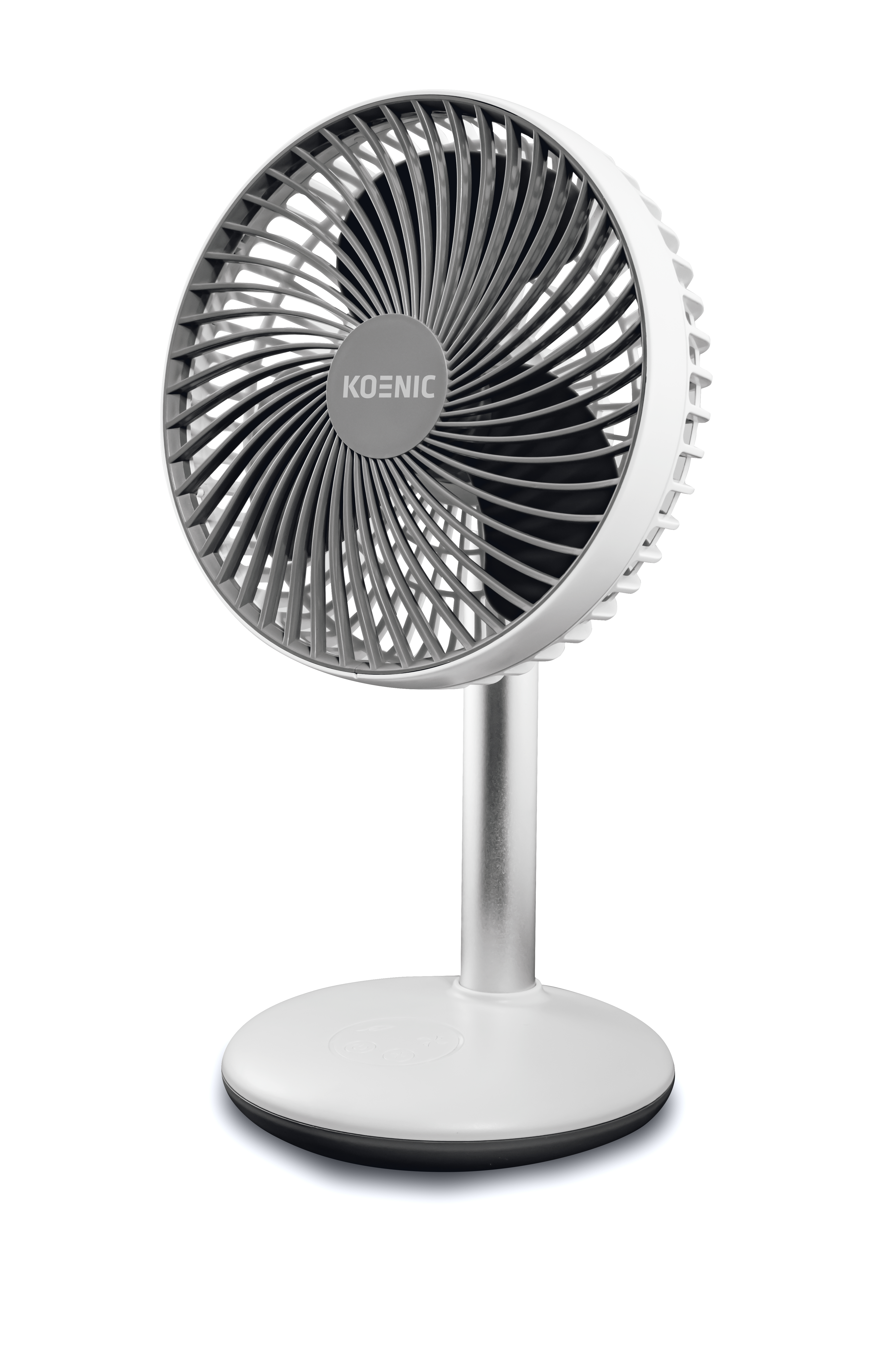 Ein weißer und grauer Tischventilator mit rundem Sockel und kreisförmigem Ventilatorkopf.