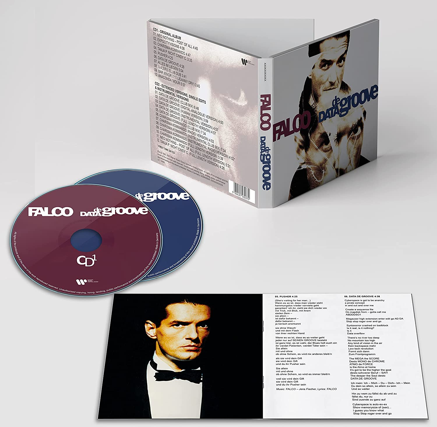 Album borító Falcóval, CD-kkel és szöveggel. A CD fekete, rajta a 'Data Groove' és 'Falco' felirat.