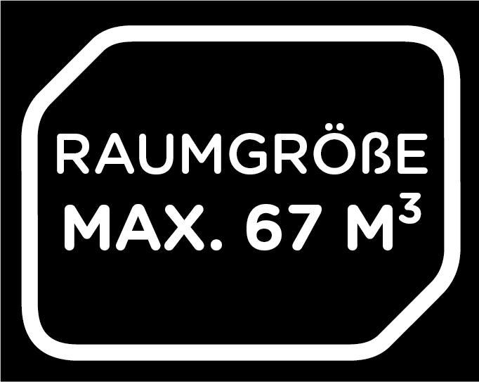 Ein schwarz-weißes Schild mit dem Text RAUMGRÖßE MAX. 67 M³.