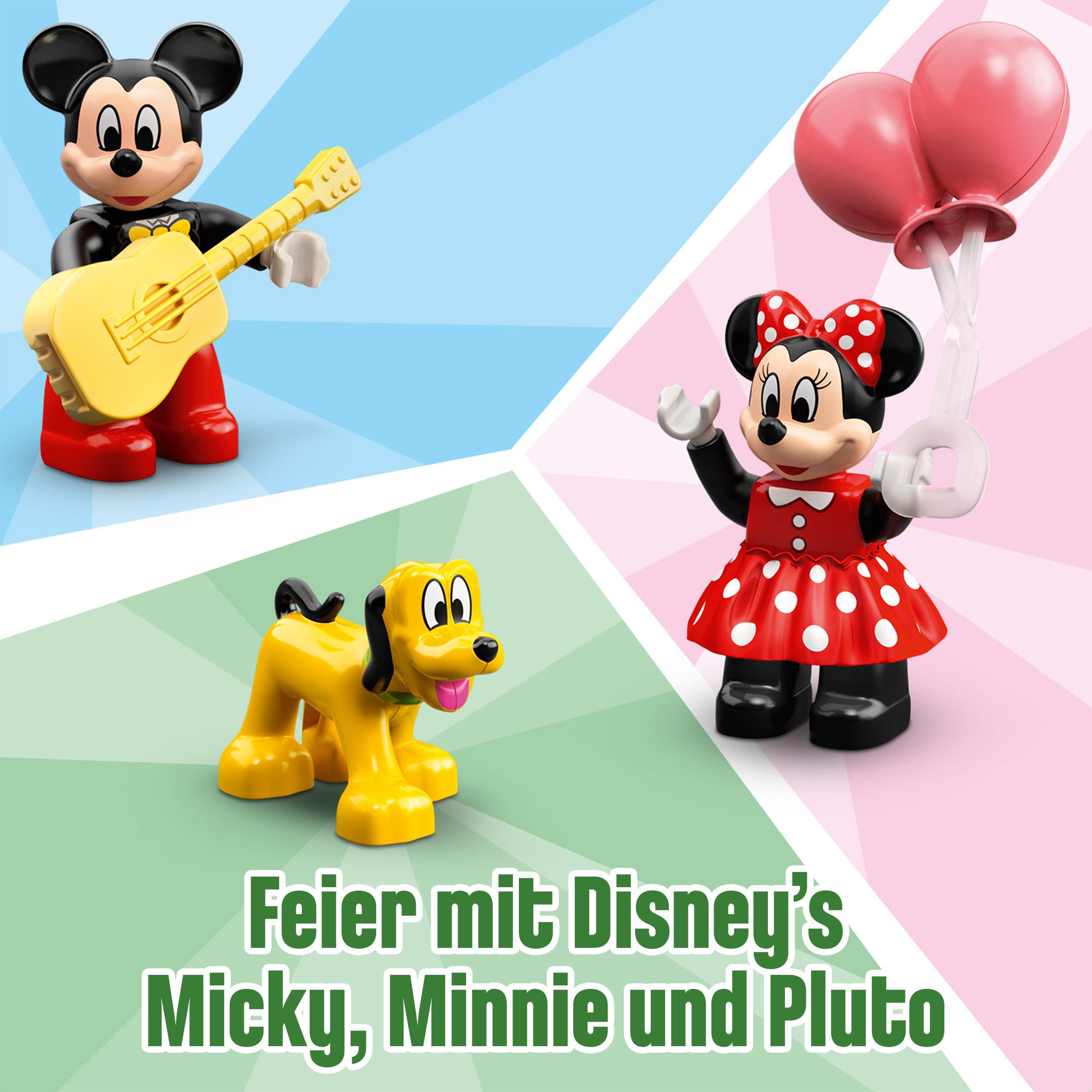 Mickey Mouse spielt Gitarre, Minnie Maus mit Ballons und Pluto auf farbigem Hintergrund.