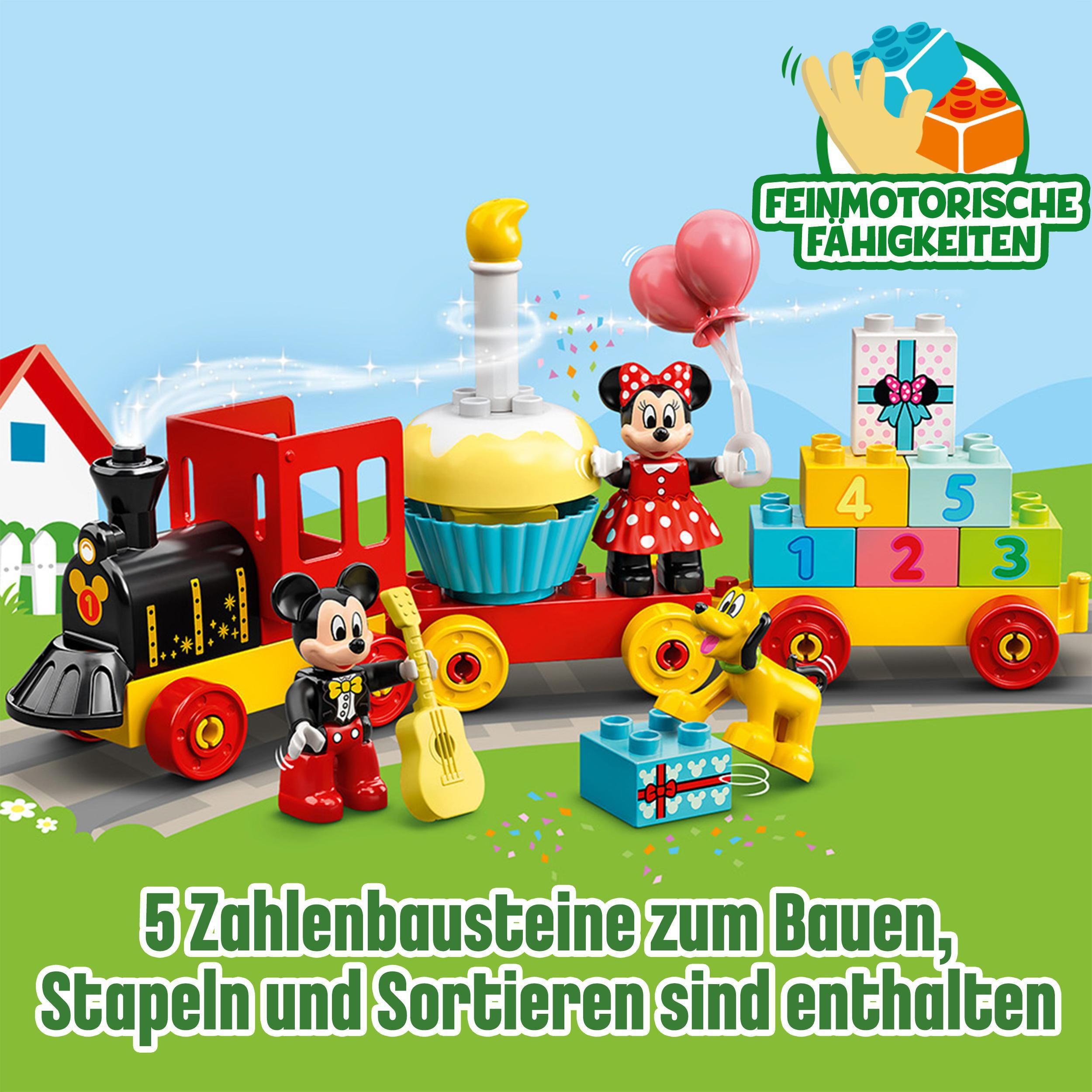 Spielzeugzug mit Mickey- und Minnie-Figuren, mit Blöcken und Geschenken.