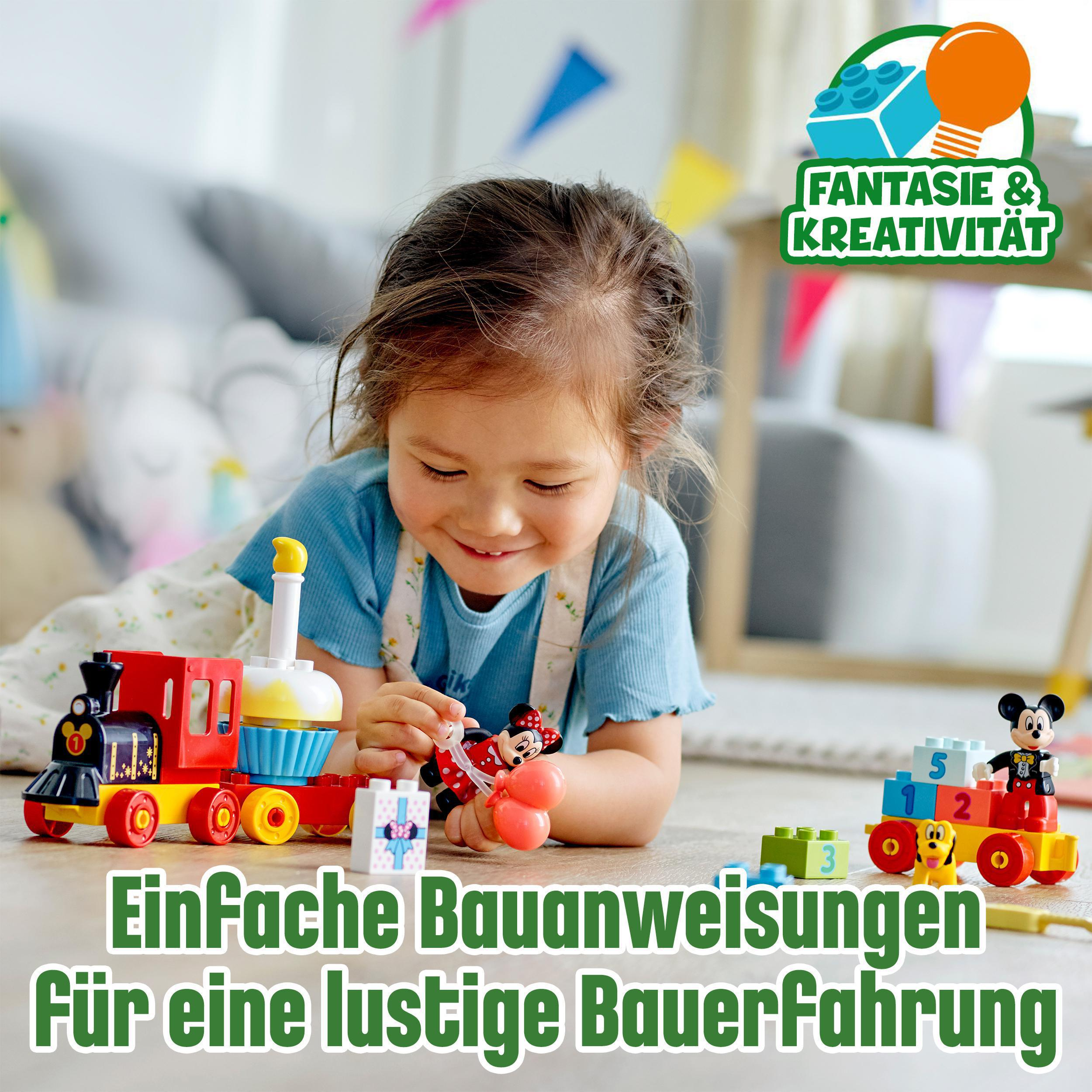 Mädchen spielt mit Spielzeugzug. Text: Einfache Bauanleitungen für ein lustiges Bauerlebnis.