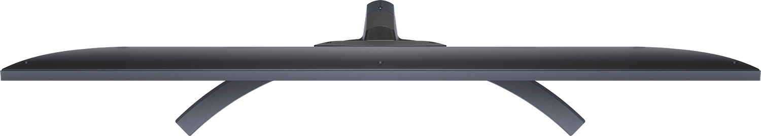Een bovenaanzicht van een monitor. De monitor is donkergrijs met een gebogen voet en standaard.
