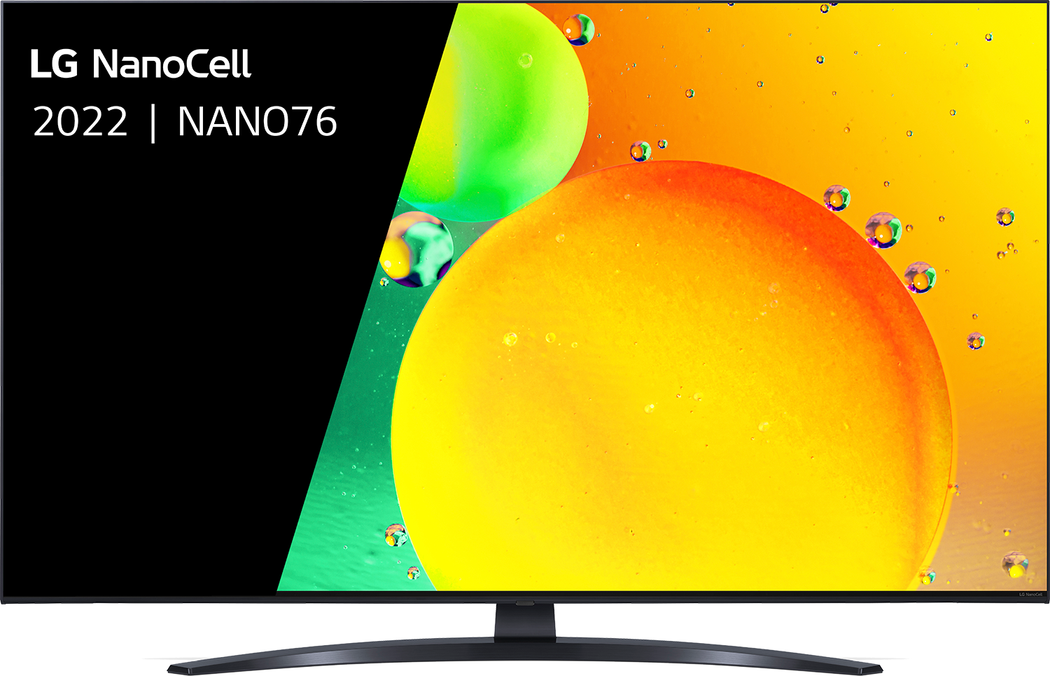 LG NanoCell TV 2022. Scherm met abstracte oranje en groene vormen.