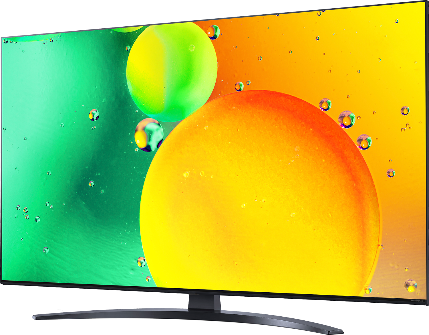 Een flatscreen-tv toont abstracte kunst met gele en groene kleuren.