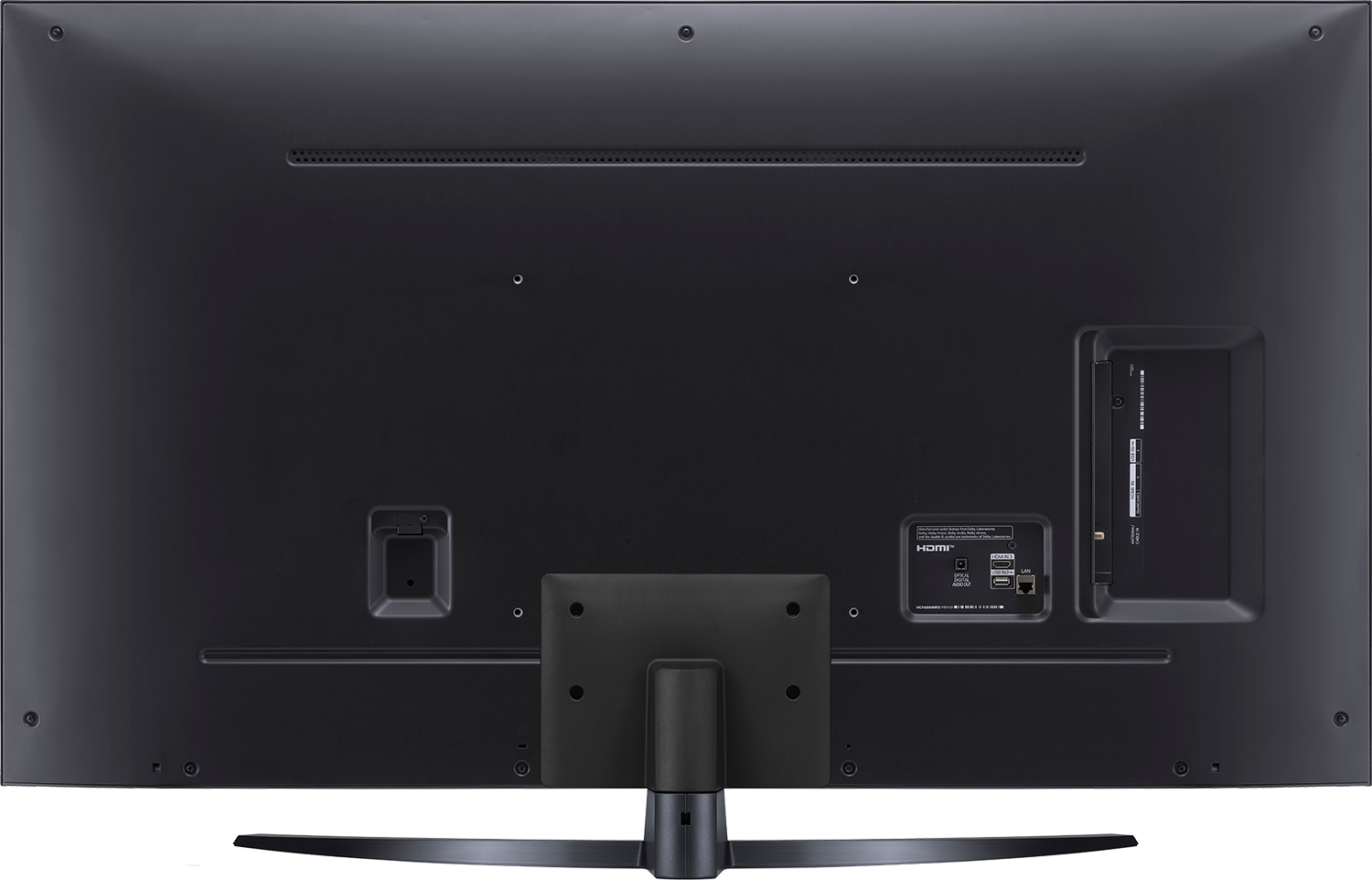 Achterkant van een flatscreen tv met poorten en standaard.