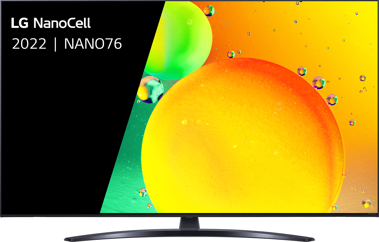 Een LG NanoCell TV-scherm met abstracte, kleurrijke vormen tegen een zwarte achtergrond.