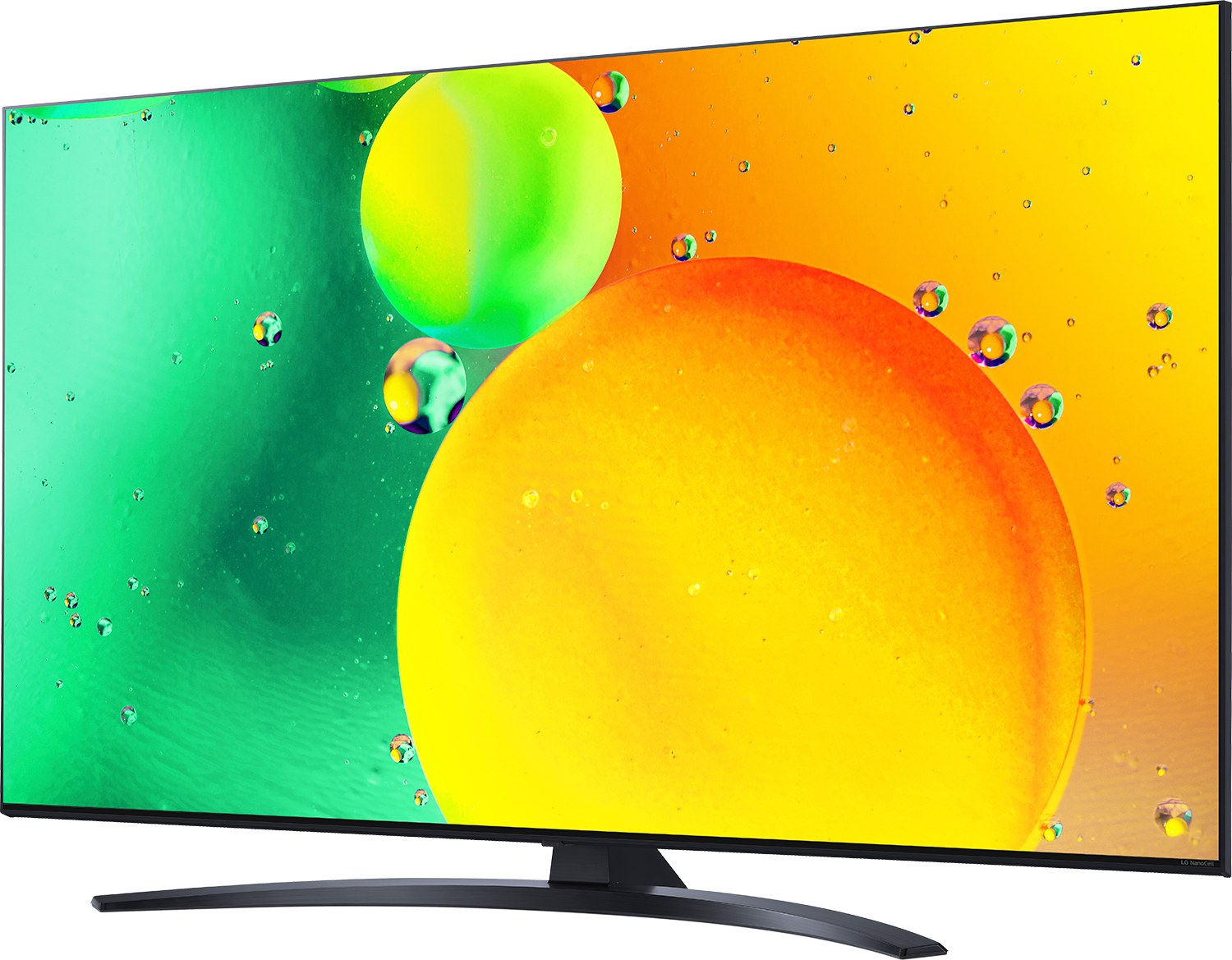 Een tv-scherm met kleurrijke abstracte vormen. De kleuren zijn geel, oranje en groen.