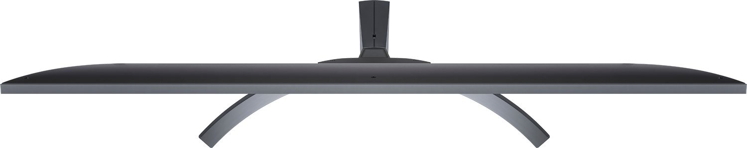 Een monitor van bovenaf gezien. Het heeft een zwart scherm en een zilveren standaard. De achtergrond is grijs.