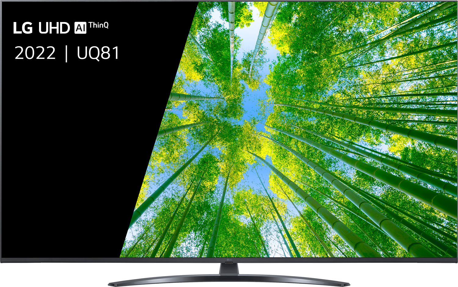 LG TV toont een bamboebos van onderaf gezien. Groene bamboestengels reiken omhoog, met blauwe lucht zichtbaar door de bladeren.