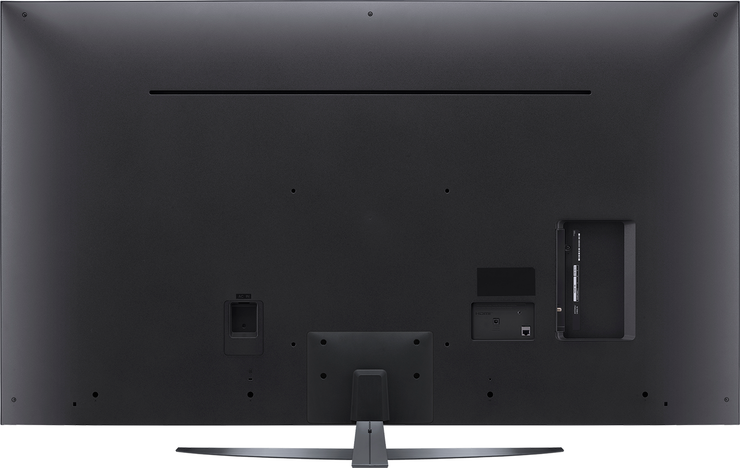 Achterkant van een grote, donkergrijze tv. Poorten en standaard zijn zichtbaar. De tv heeft een minimalistisch ontwerp.