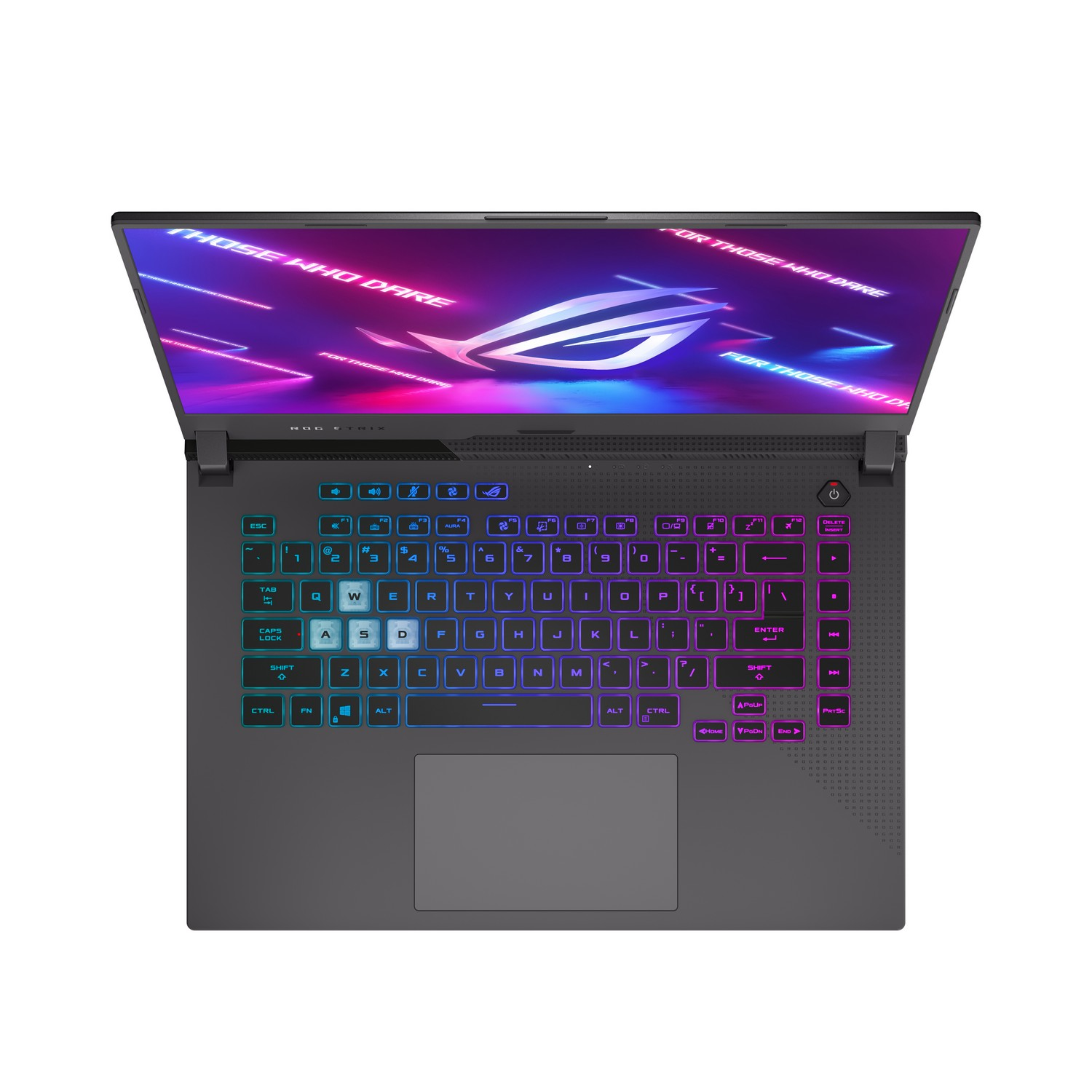 Portátil abierto, teclado con luces coloridas y pantalla con un logotipo.