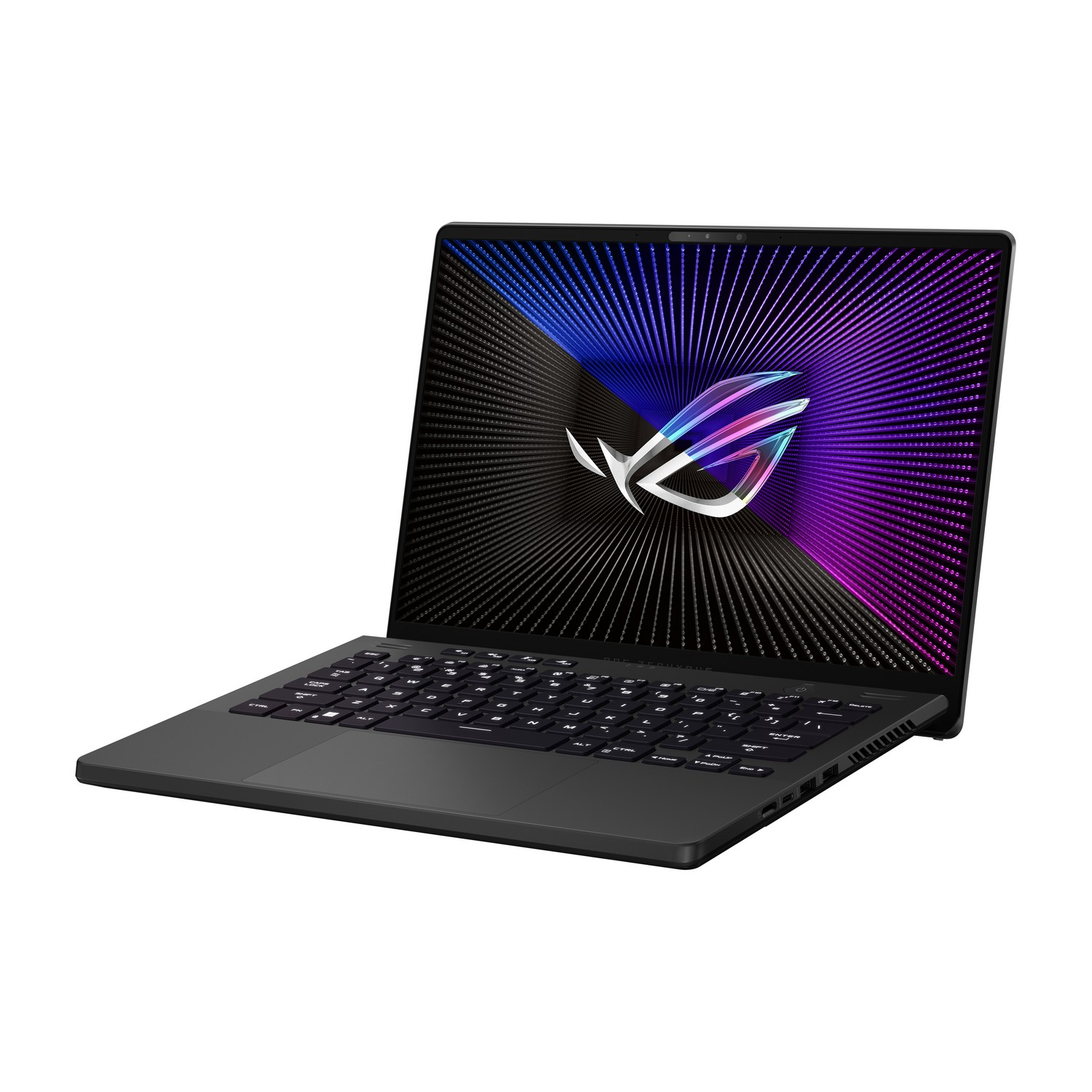 Portátil negro con el logo ROG en la pantalla, abierto. Fondo blanco.