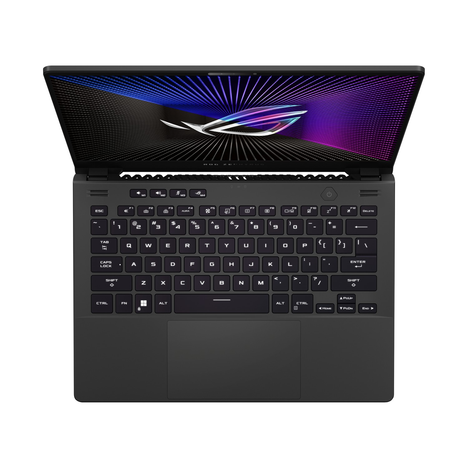 Un portátil negro con el teclado abierto. La pantalla muestra un gráfico colorido.