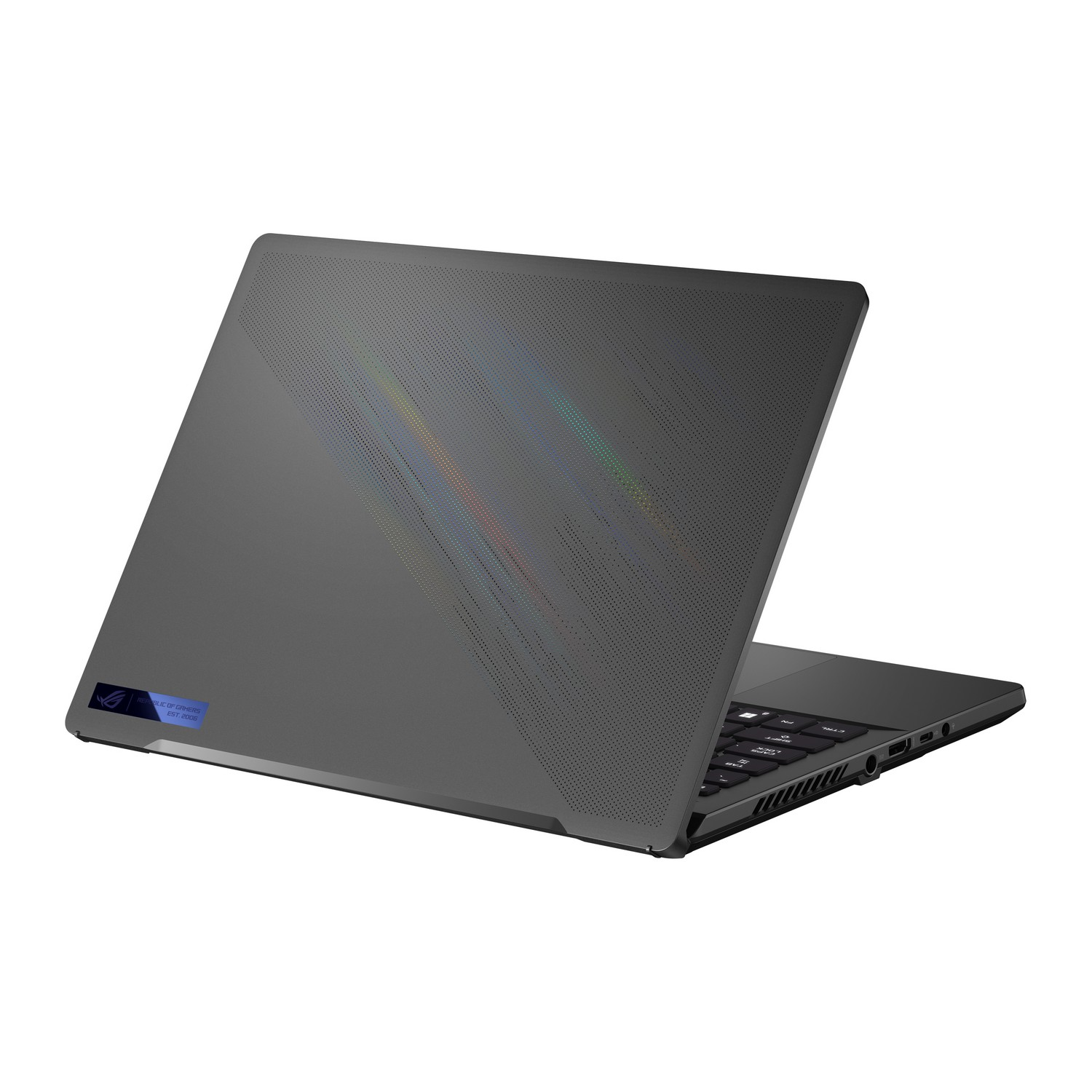 Vista trasera de un portátil gris con logo ROG, diseño en la tapa.