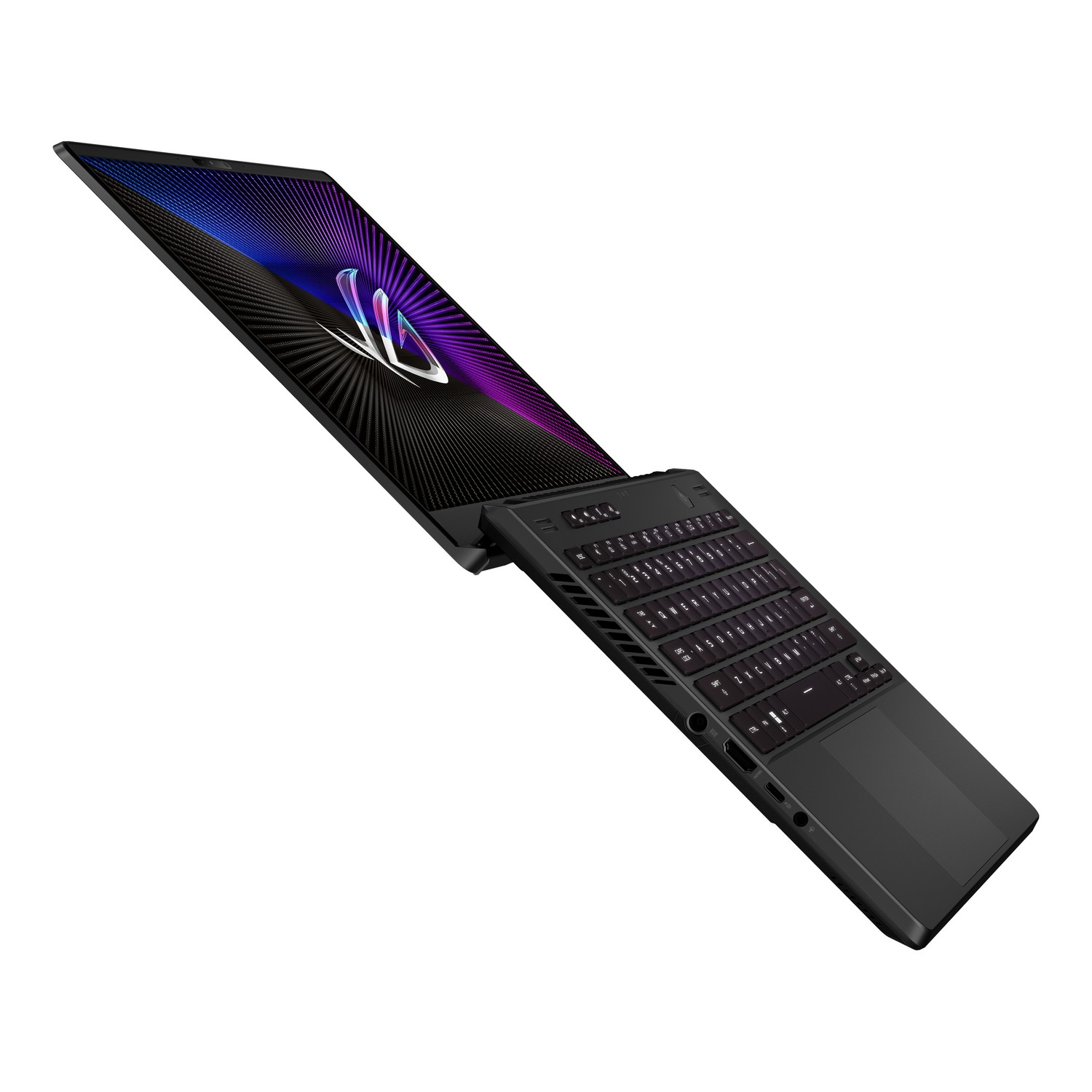 Ordenador portátil negro con una pantalla que muestra un logotipo morado y un teclado negro.