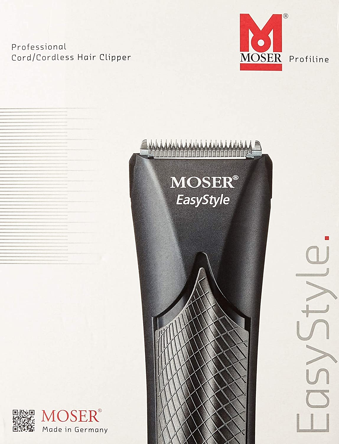 Nahaufnahme eines MOSER EasyStyle Haarschneidemaschinenkartons und seiner Abdeckung.