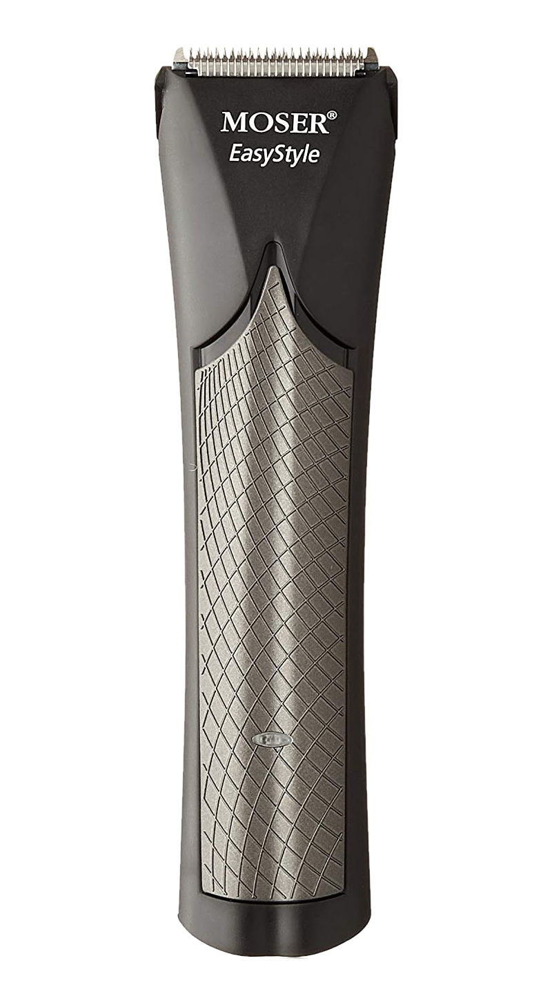 Schwarzer Moser EasyStyle Haarschneider. Dunkelgrauer strukturierter Abschnitt, schwarzer Deckel mit MOSER EasyStyle Text.