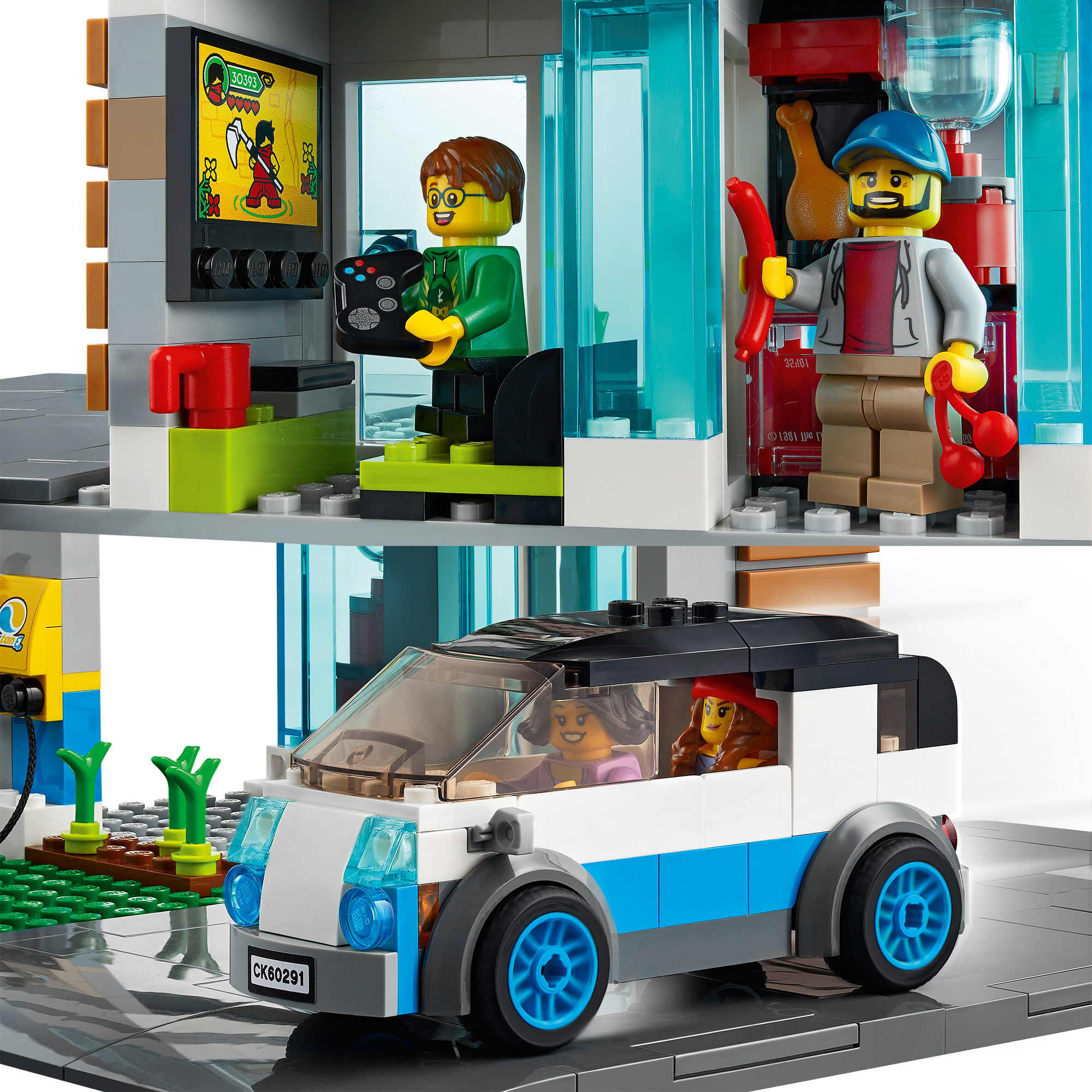 Ein Lego City Set mit einem Auto, Personen und einem Gebäudeinneren mit Fernseher und Person mit Controller.