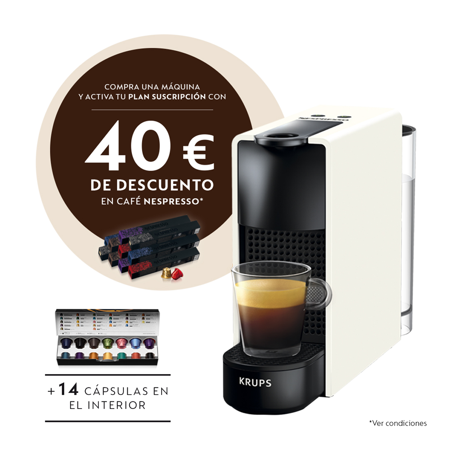 Una máquina Nespresso blanca con cápsulas y una taza de café. Hay una oferta de descuento.