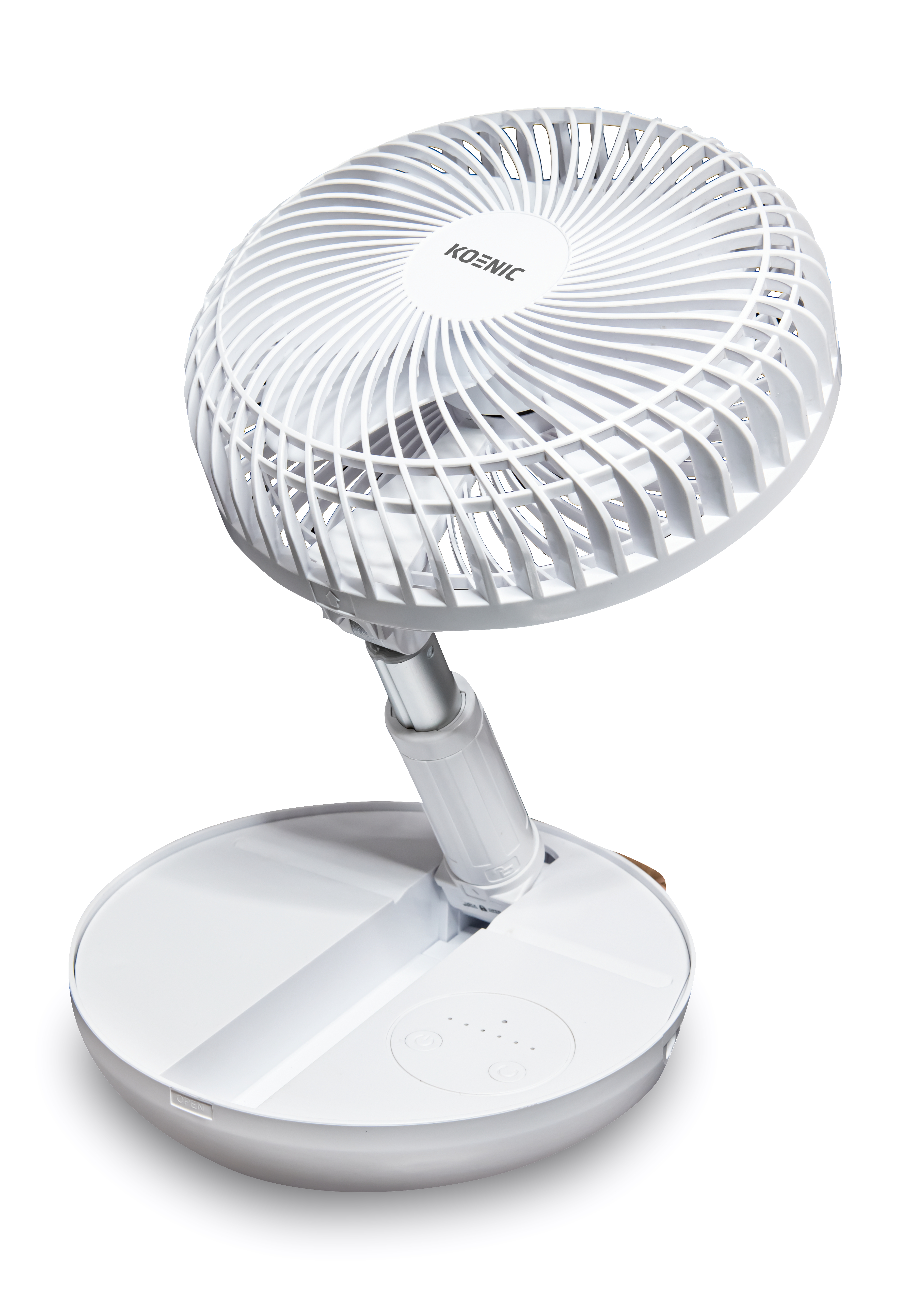 Weißer Koenic-Ventilator mit verstellbarem Hals, rundem Sockel und weißem Hintergrund.