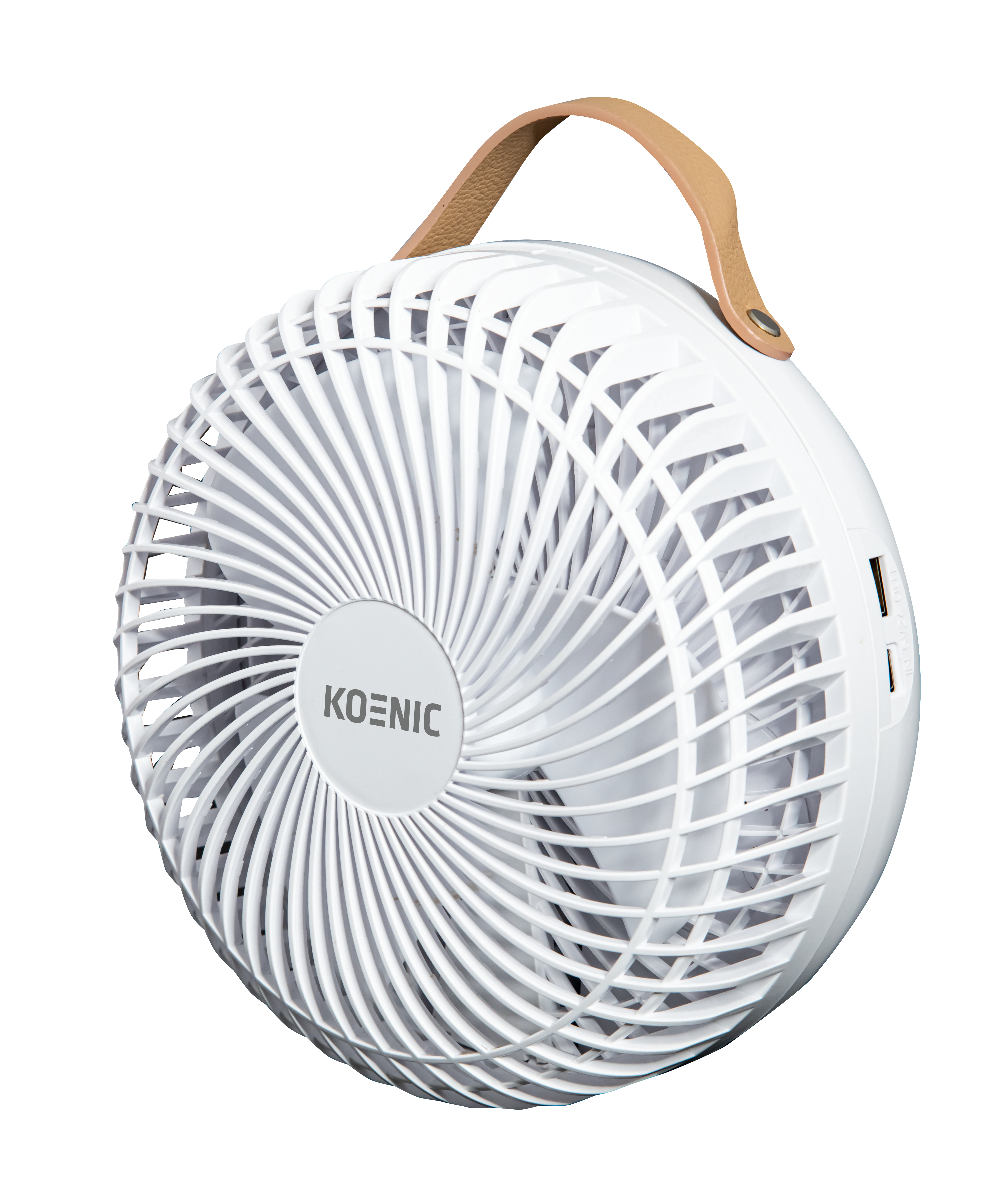 Ein weißer Koenic-Lüfter mit braunem Griff, nach rechts geneigt.