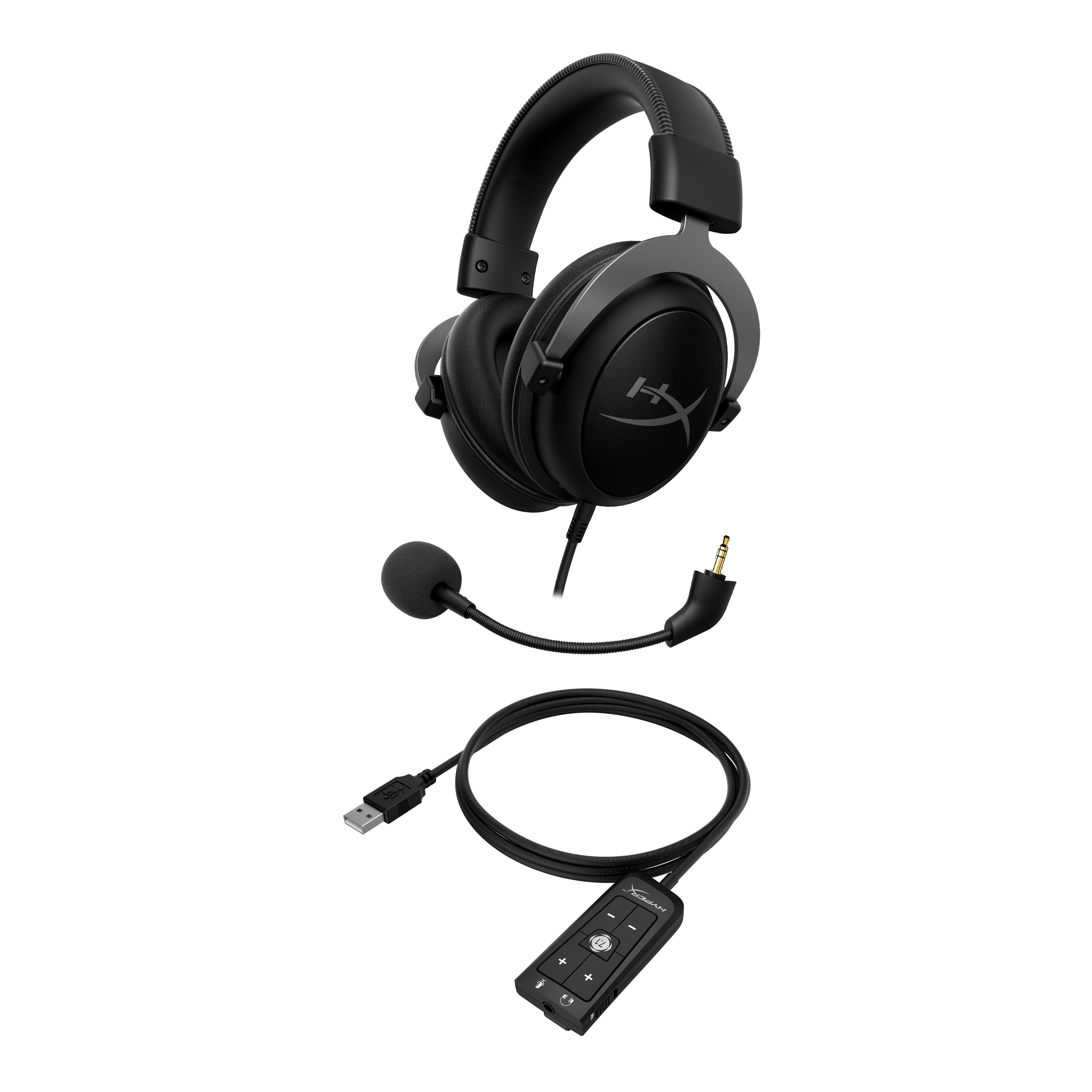 Schwarze und graue Kopfhörer mit Mikrofon und USB- und Audiokabel.