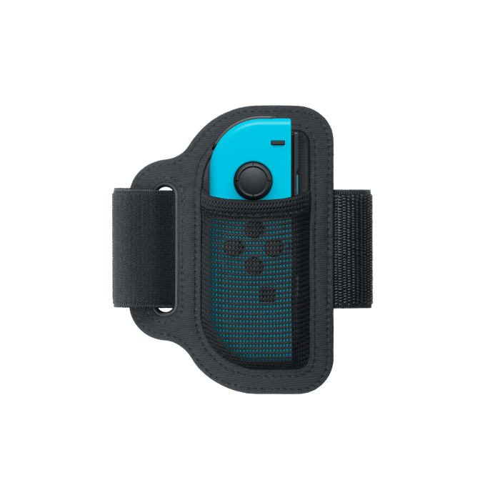 Ein blauer Nintendo Switch Joy-Con-Controller in einem schwarzen Armband, Draufsicht.