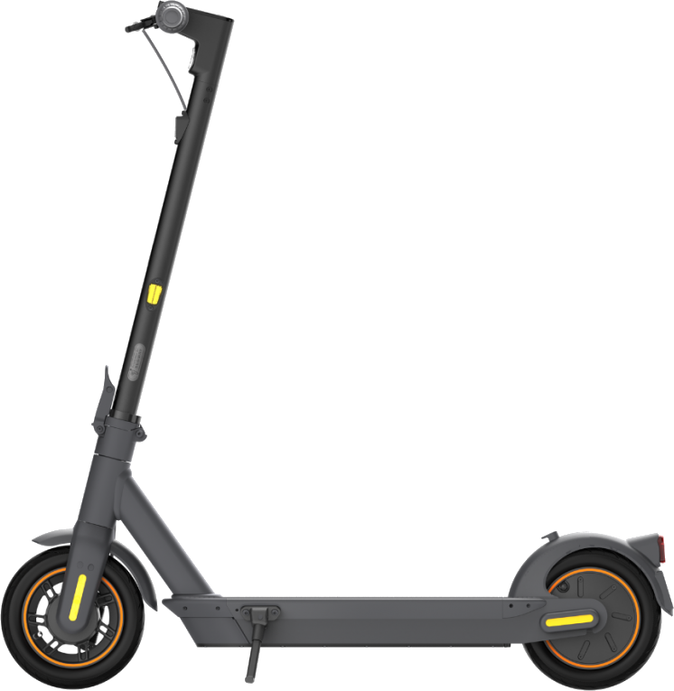 Une trottinette électrique grise sur fond blanc. Elle a des pneus noirs avec des détails oranges et des accents jaunes.
